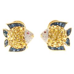 Ruby Diamond Sapphire Yellow Gold Fish Earrings