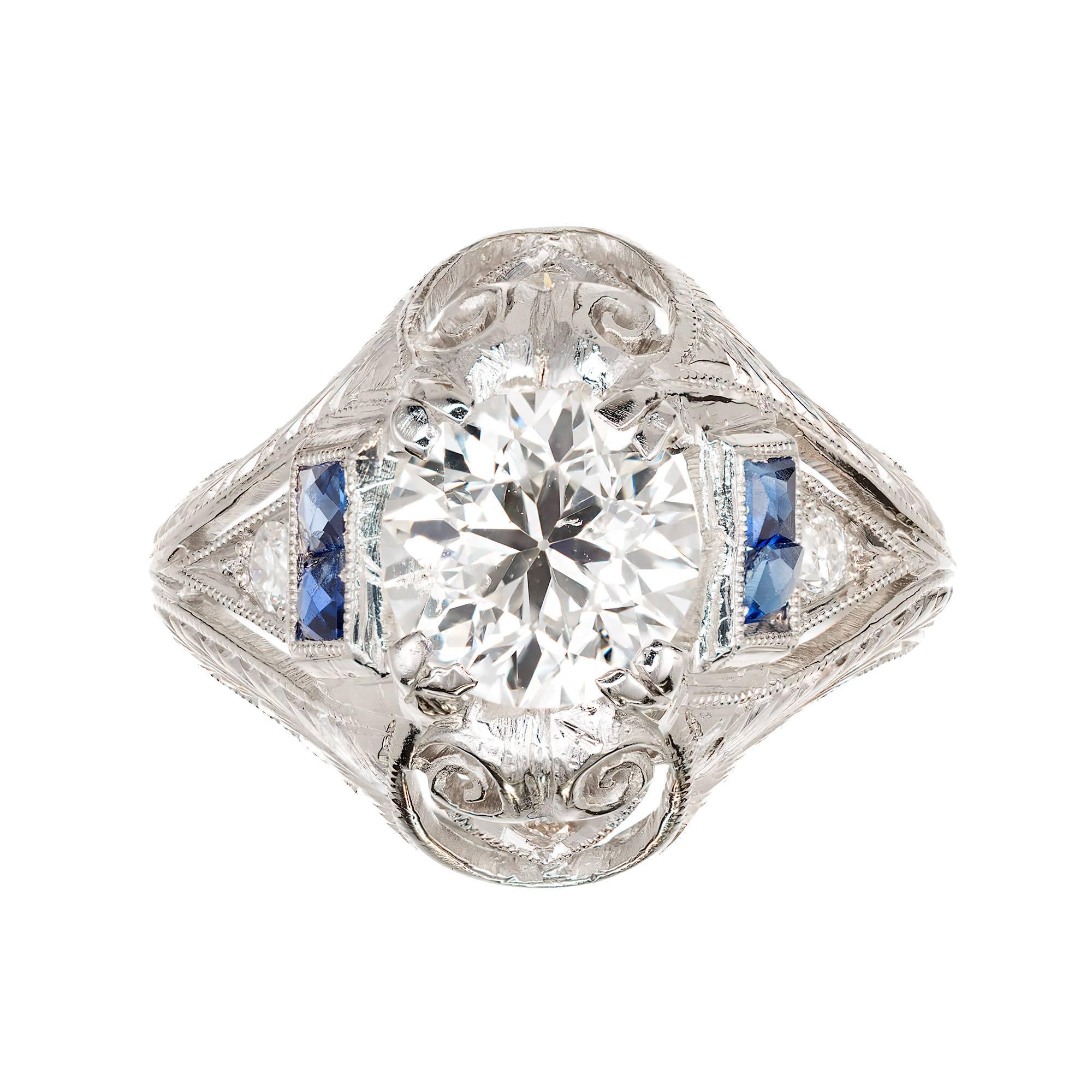 EGL Certified 1.31 Carat Diamond Sapphire Platinum Art Deco Engagement Ring For Sale