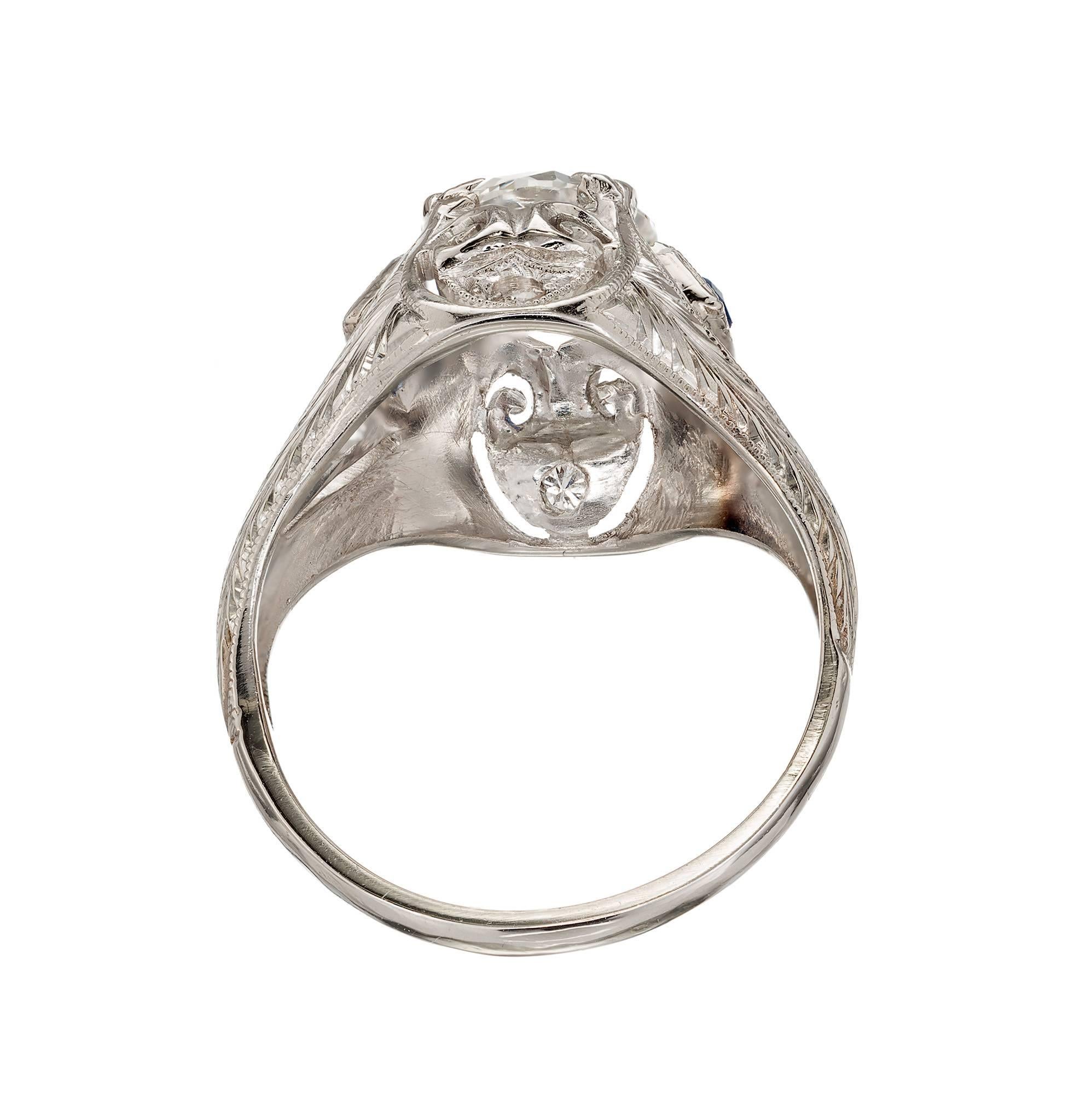 Women's EGL Certified 1.31 Carat Diamond Sapphire Platinum Art Deco Engagement Ring For Sale