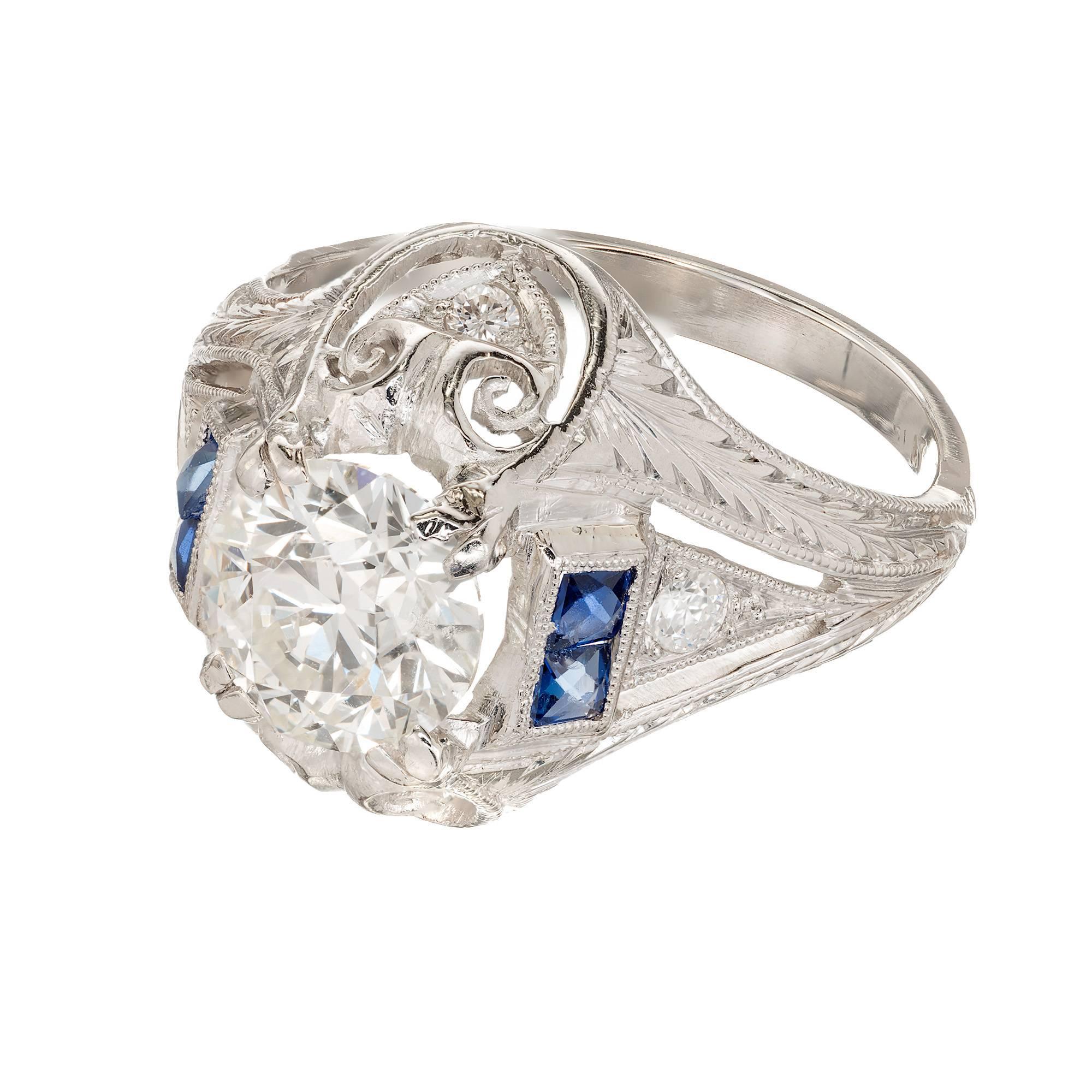 Old European Cut EGL Certified 1.31 Carat Diamond Sapphire Platinum Art Deco Engagement Ring For Sale