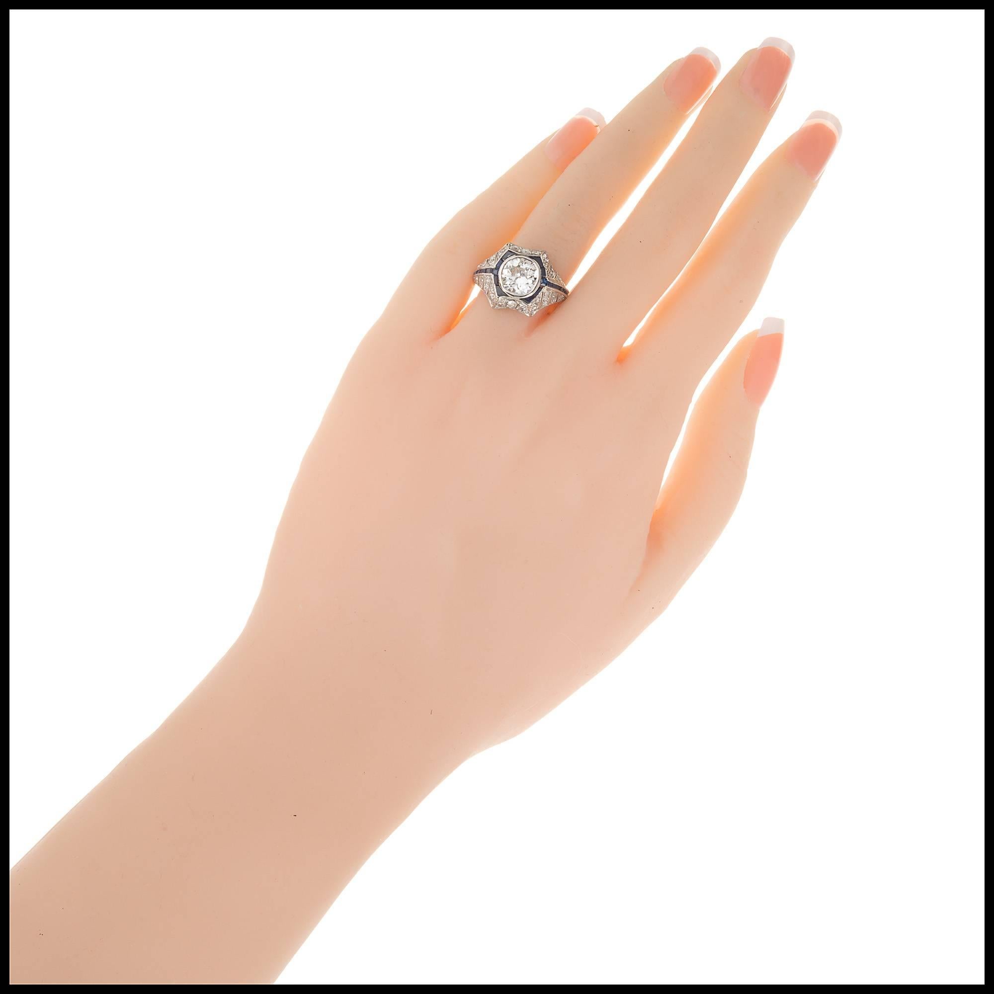Old European Cut 1.65 Carat Diamond Sapphire Gold Platinum Engagement Ring For Sale
