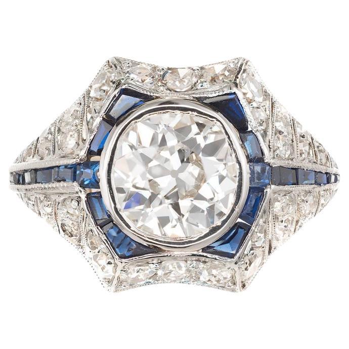 EGL 1.65 Carat Diamond Sapphire Halo Yellow Gold Platinum Engagement Ring