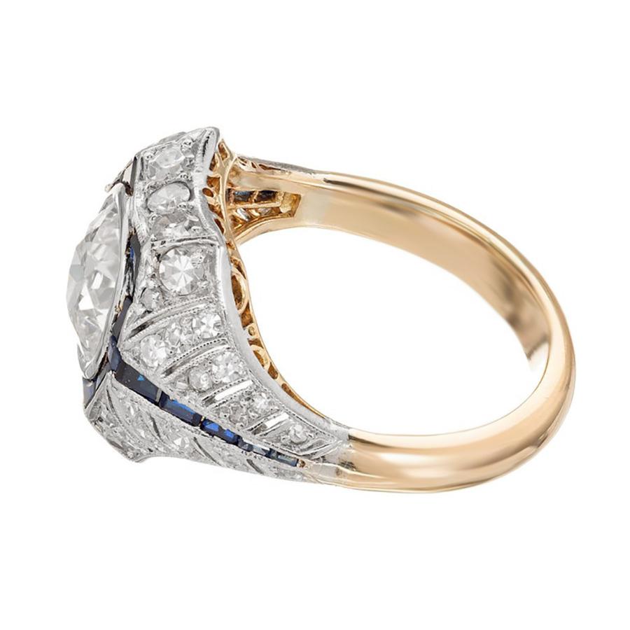 Taille vieille Europe Bague de fiançailles en or et platine avec saphir et diamant de 1,65 carat en vente
