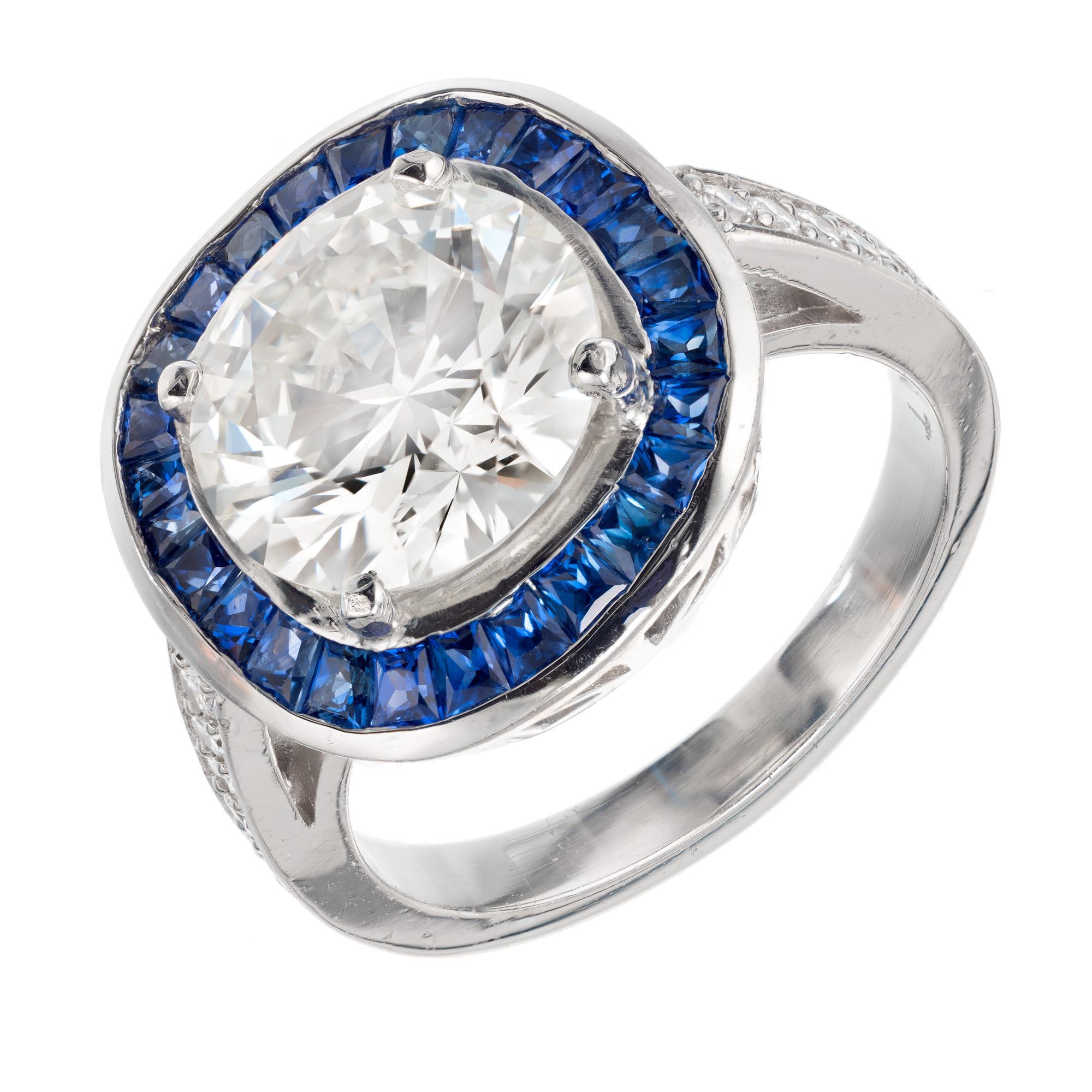 GIA Certified 3.29 Diamond Sapphire Halo Platinum Engagement Ring