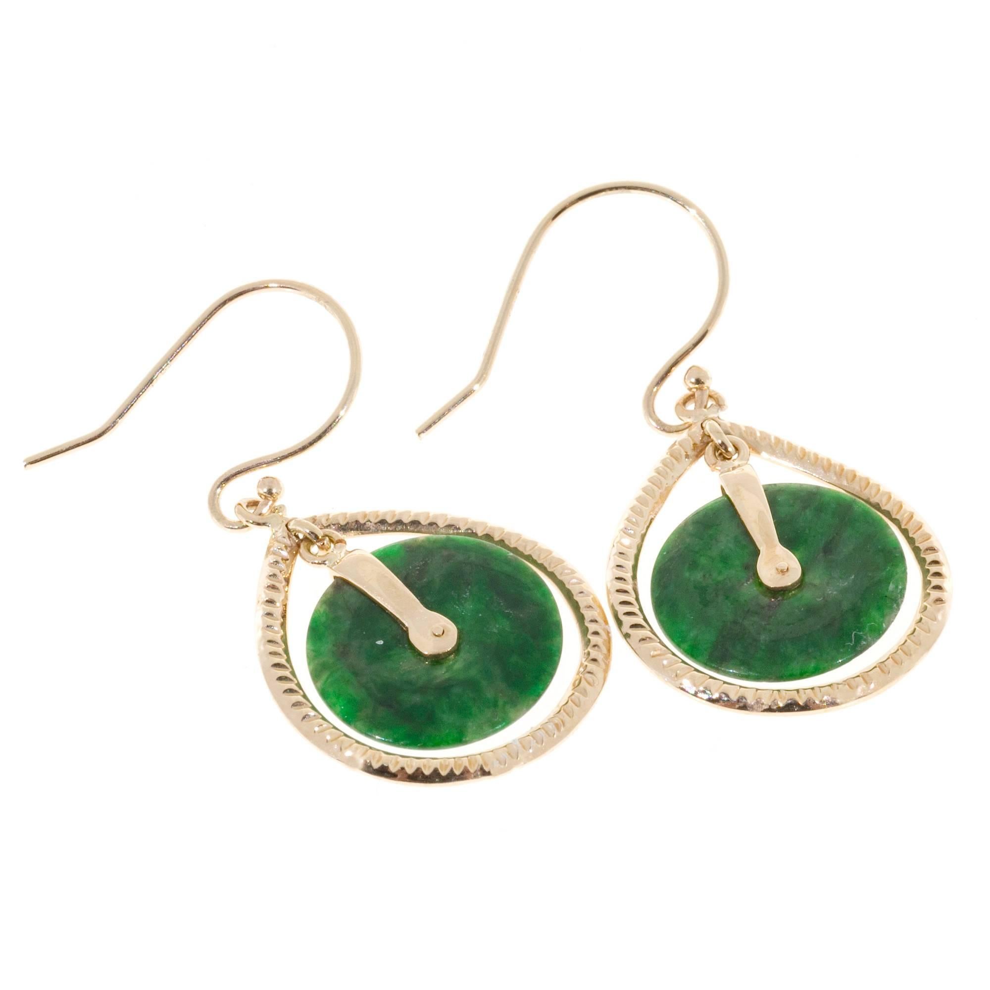 Round Cut GIA Certified Natural Round Jadeite Jade Gold Dangle Earrings