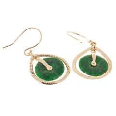 GIA Certified Natural Round Jadeite Jade Gold Dangle Earrings