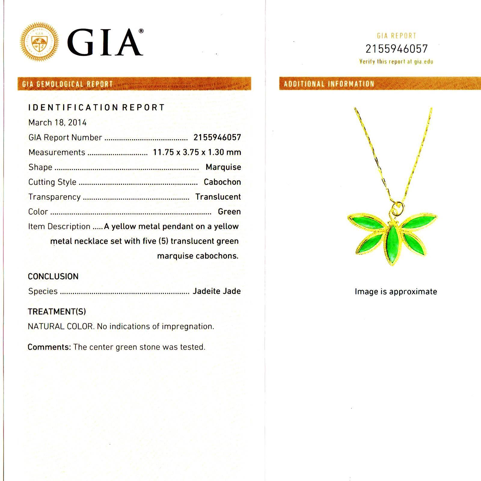 Marquise Cut GIA Certified Natural Jadeite Jade Yellow Gold Butterfly Pendant Necklace