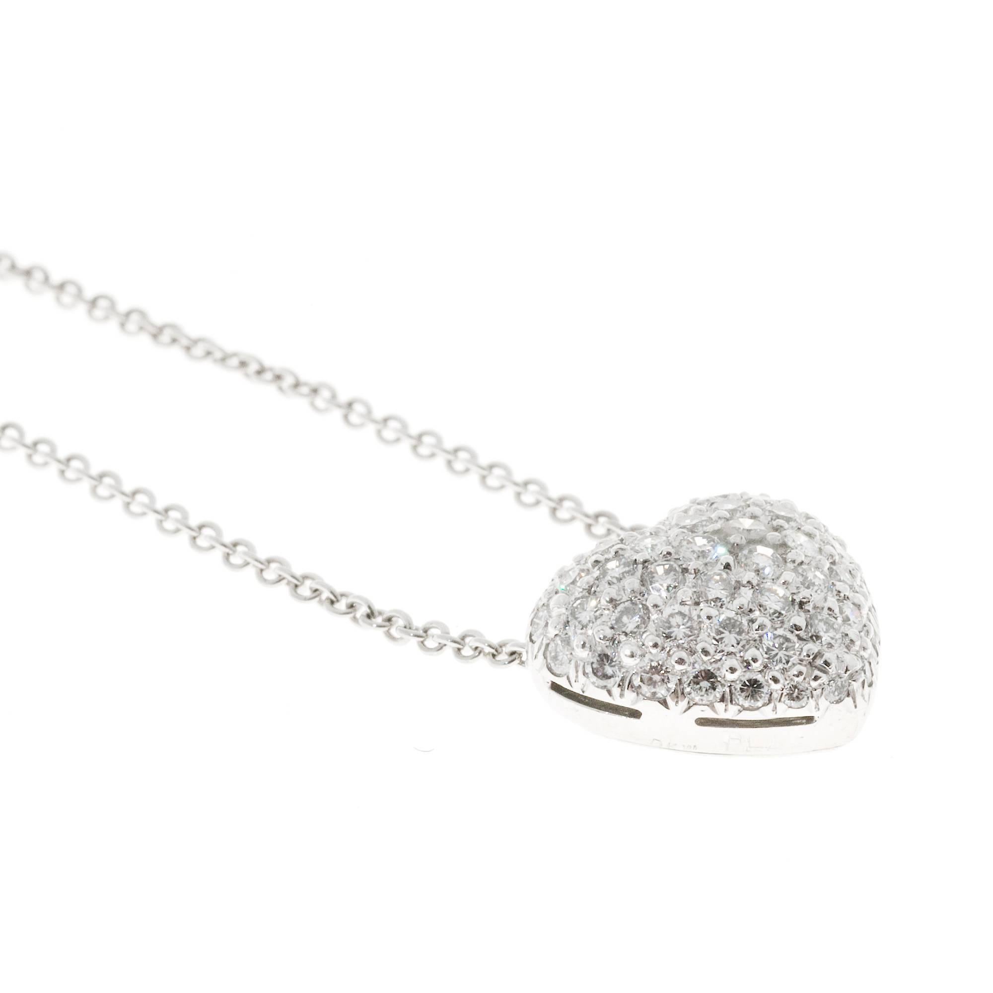 Pave Diamond Platinum Heart Pendant Necklace In Good Condition In Stamford, CT