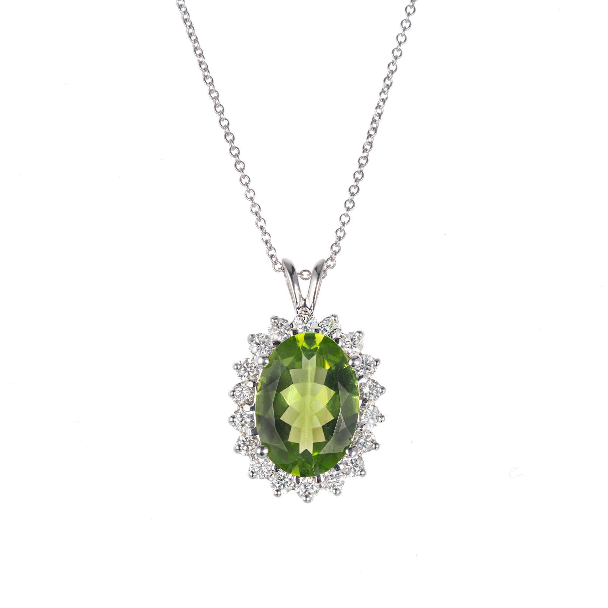 3.50 Carat Oval Peridot Diamond Halo Gold Pendant Necklace For Sale