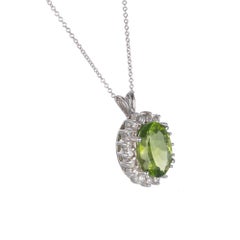 3.50 Carat Oval Peridot Diamond Halo Gold Pendant Necklace