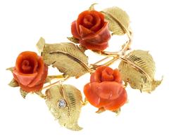 Carved Coral Diamond Rose Textured Gold Flower Brooch