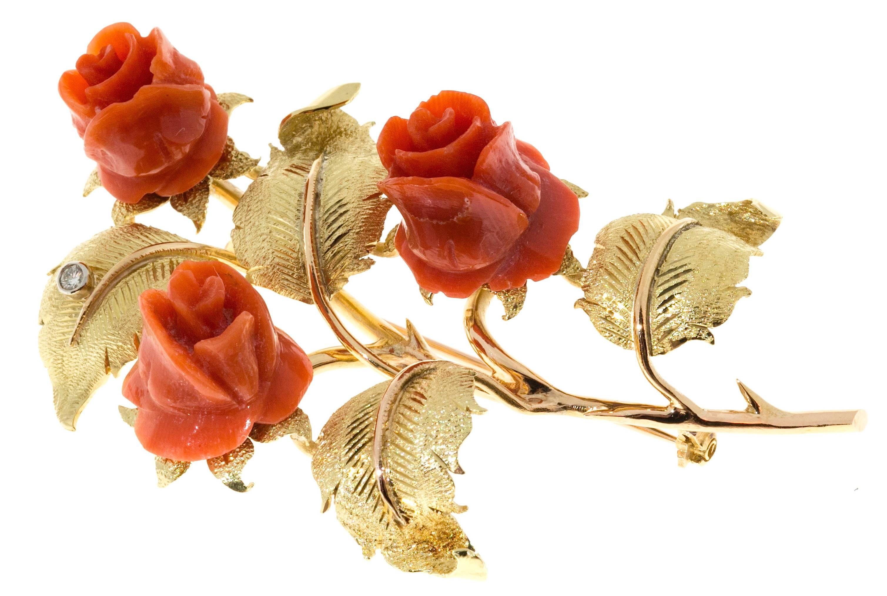 Carved Coral Diamond Rose Textured Gold Flower Brooch  In Good Condition In Stamford, CT