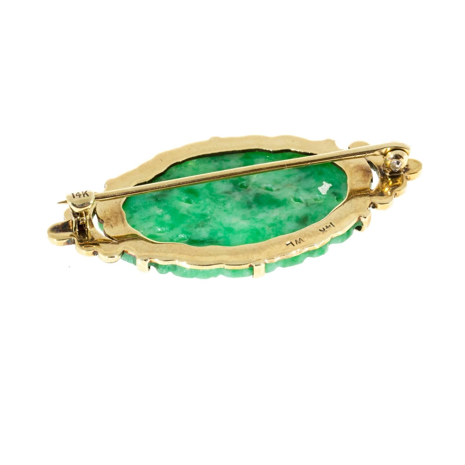 1940s Natural Carved GIA Cert Jadeite Jade Enamel Gold Pin In Good Condition In Stamford, CT