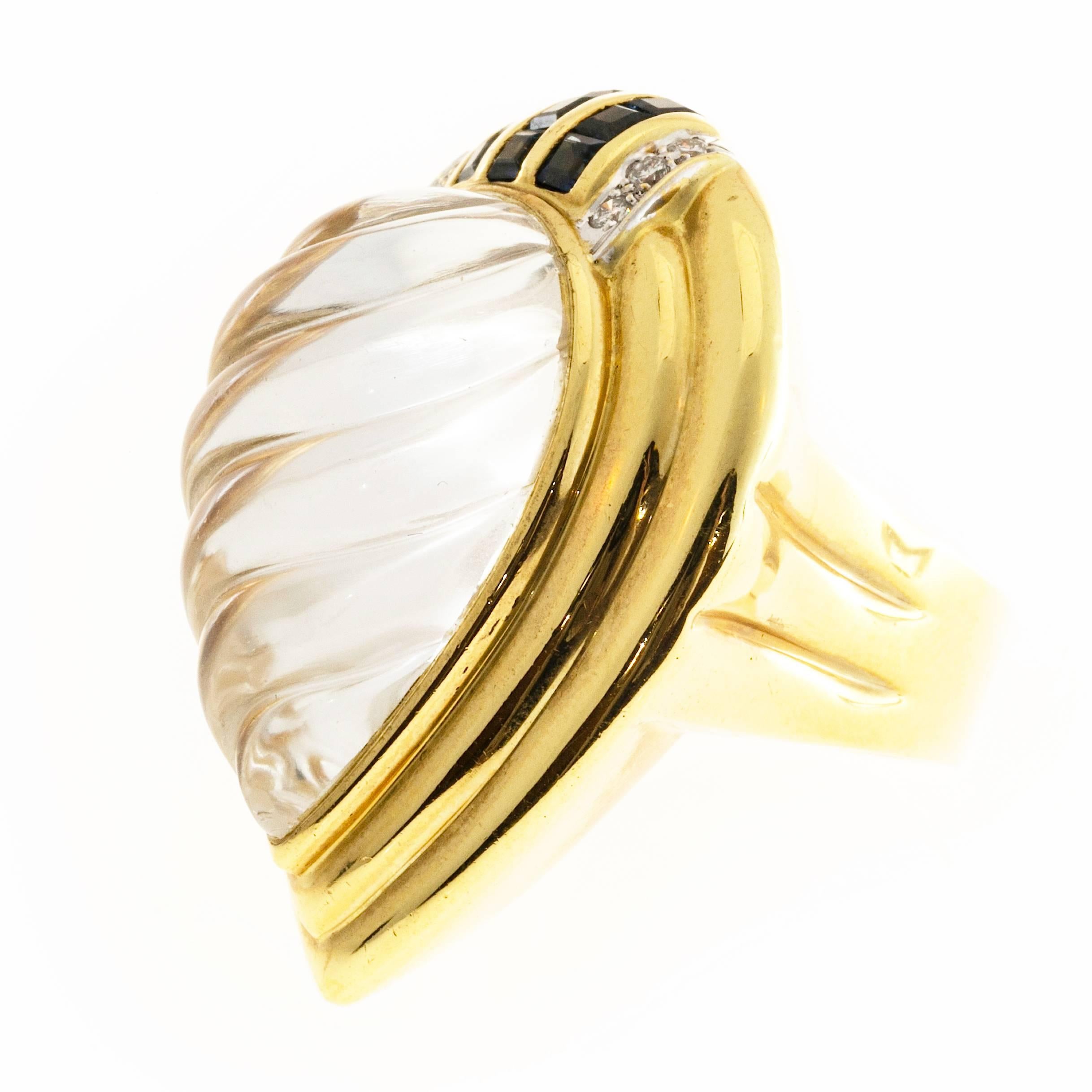 Tear Drop Swirl Shape Quartz Crystal Sapphire Diamond Gold Cocktail Ring  In Good Condition In Stamford, CT