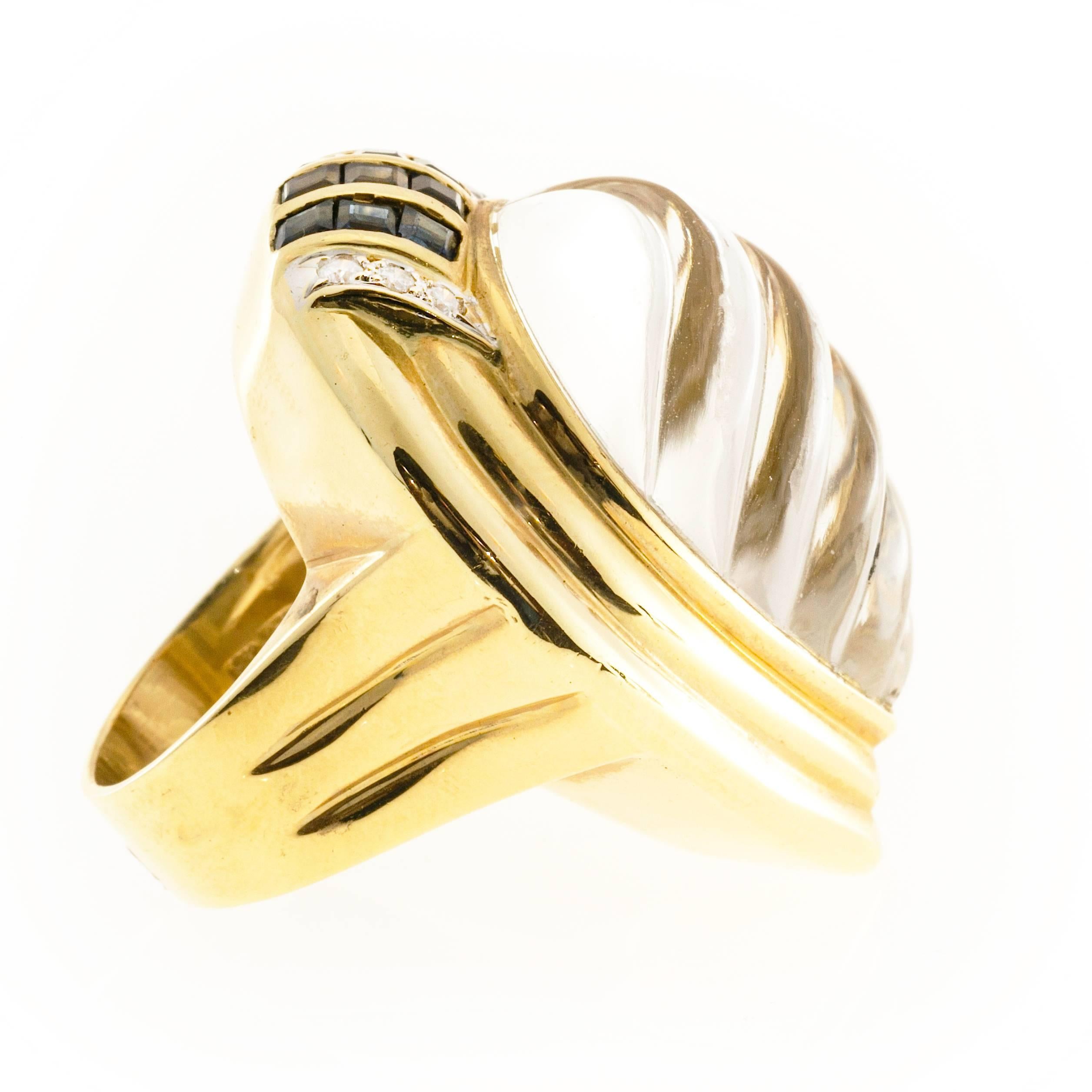 Women's Tear Drop Swirl Shape Quartz Crystal Sapphire Diamond Gold Cocktail Ring 