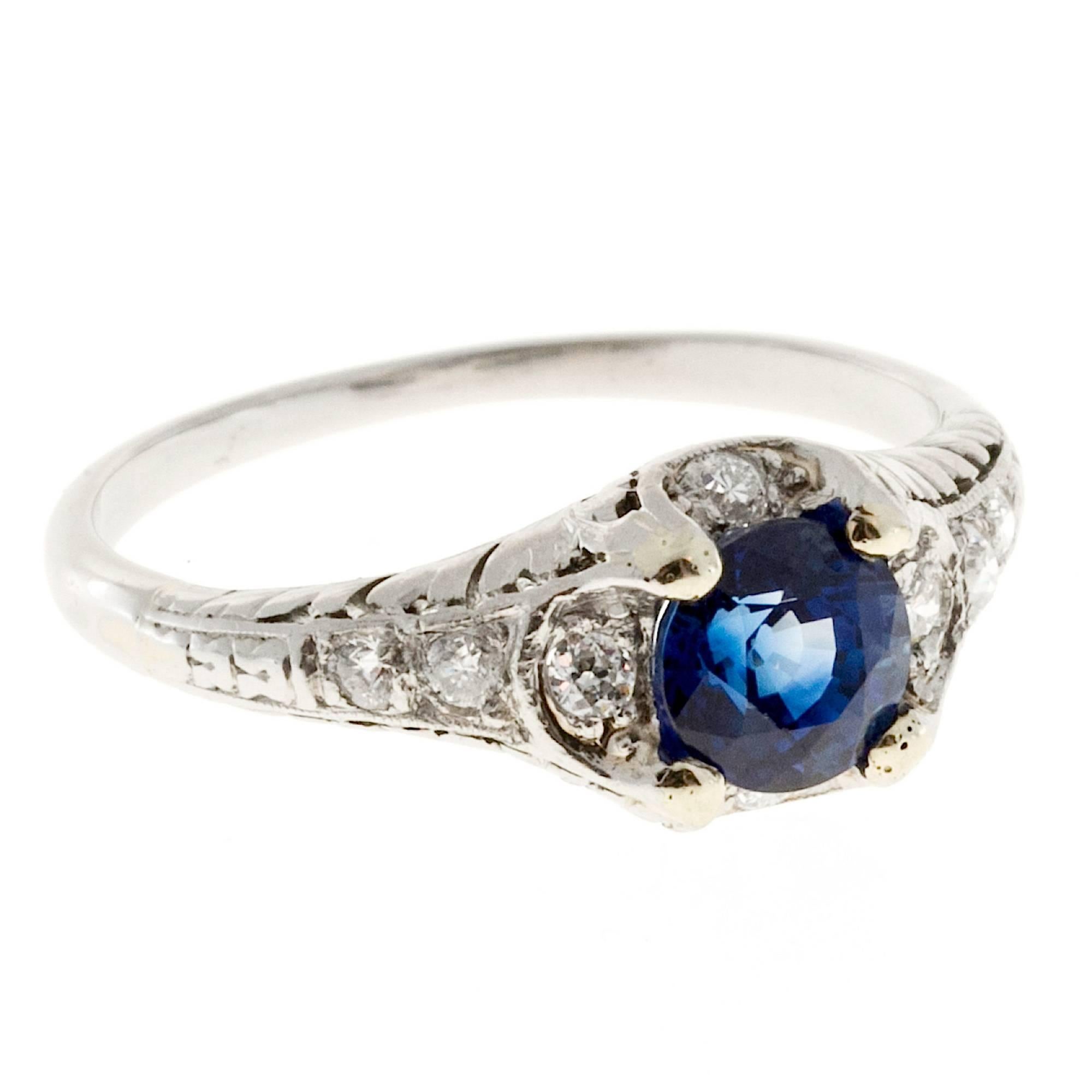 Women's Sapphire Diamond Pierced Engraved Platinum Engagement Ring
