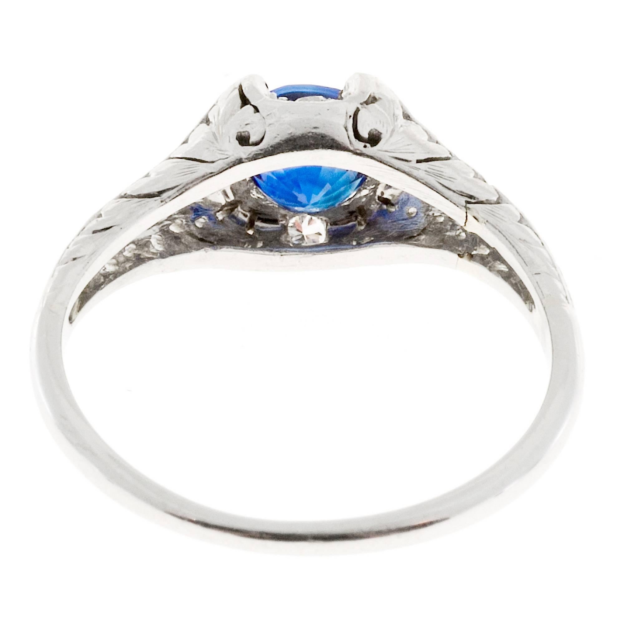 Sapphire Diamond Pierced Engraved Platinum Engagement Ring In Good Condition In Stamford, CT