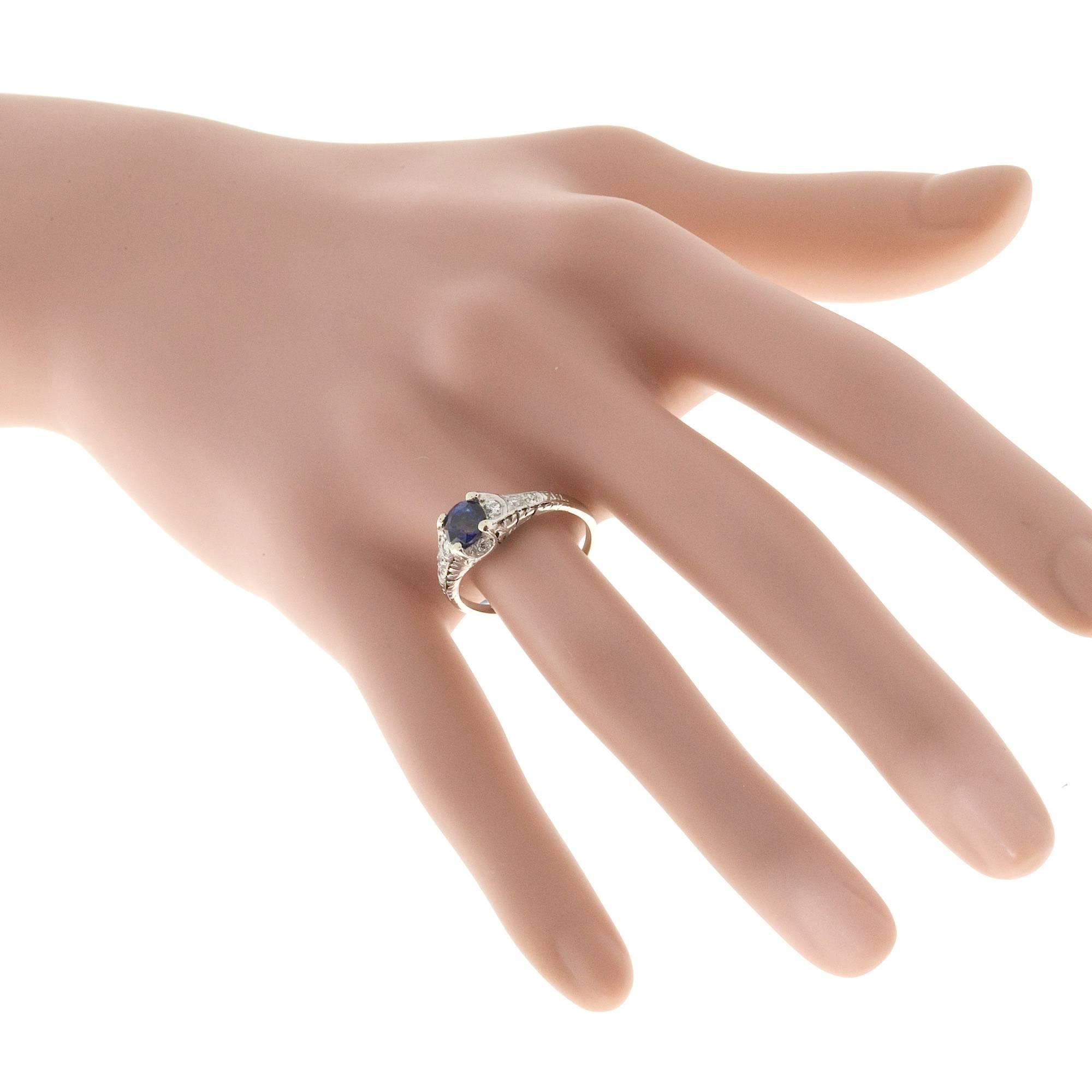 Sapphire Diamond Pierced Engraved Platinum Engagement Ring 1