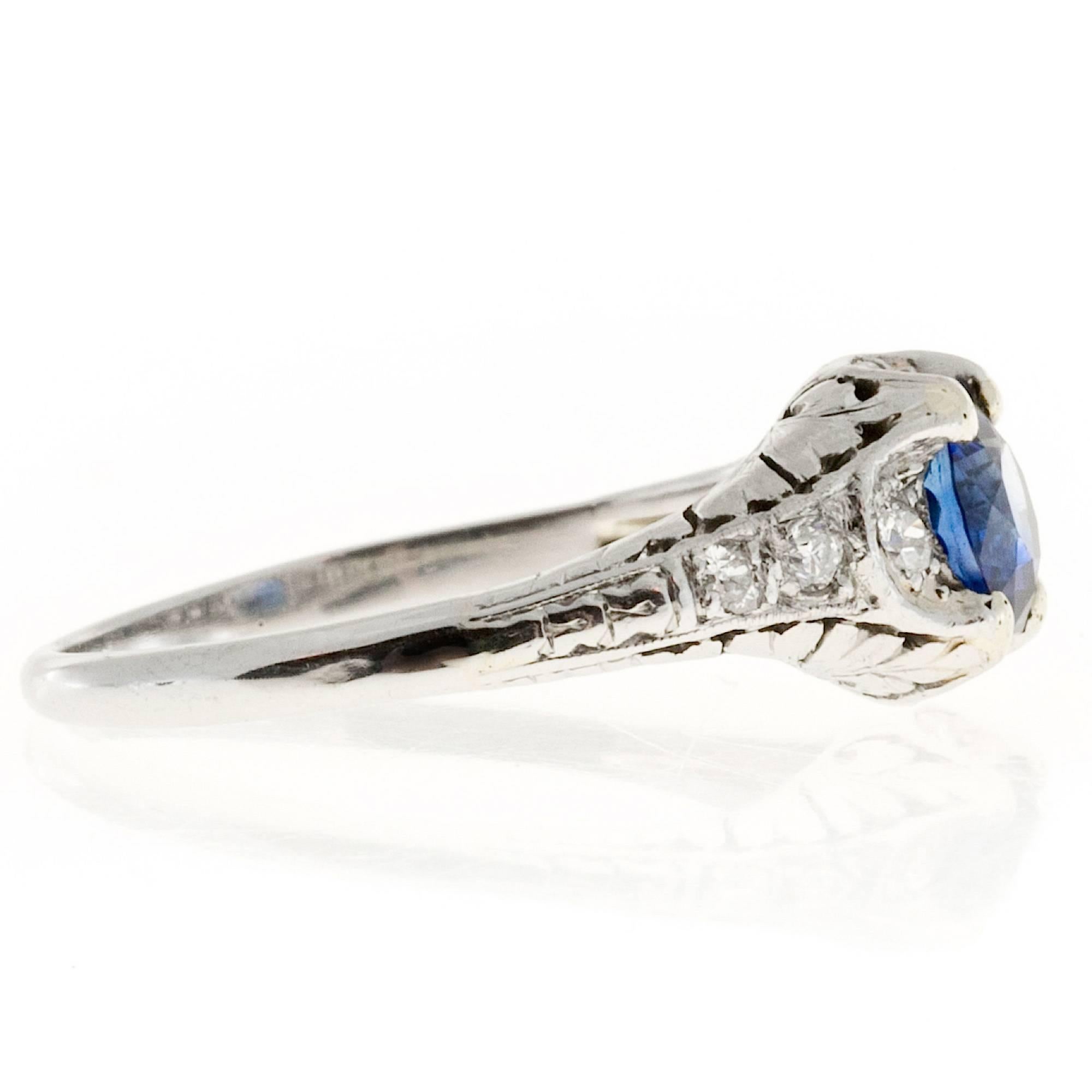 Sapphire Diamond Pierced Engraved Platinum Engagement Ring 3