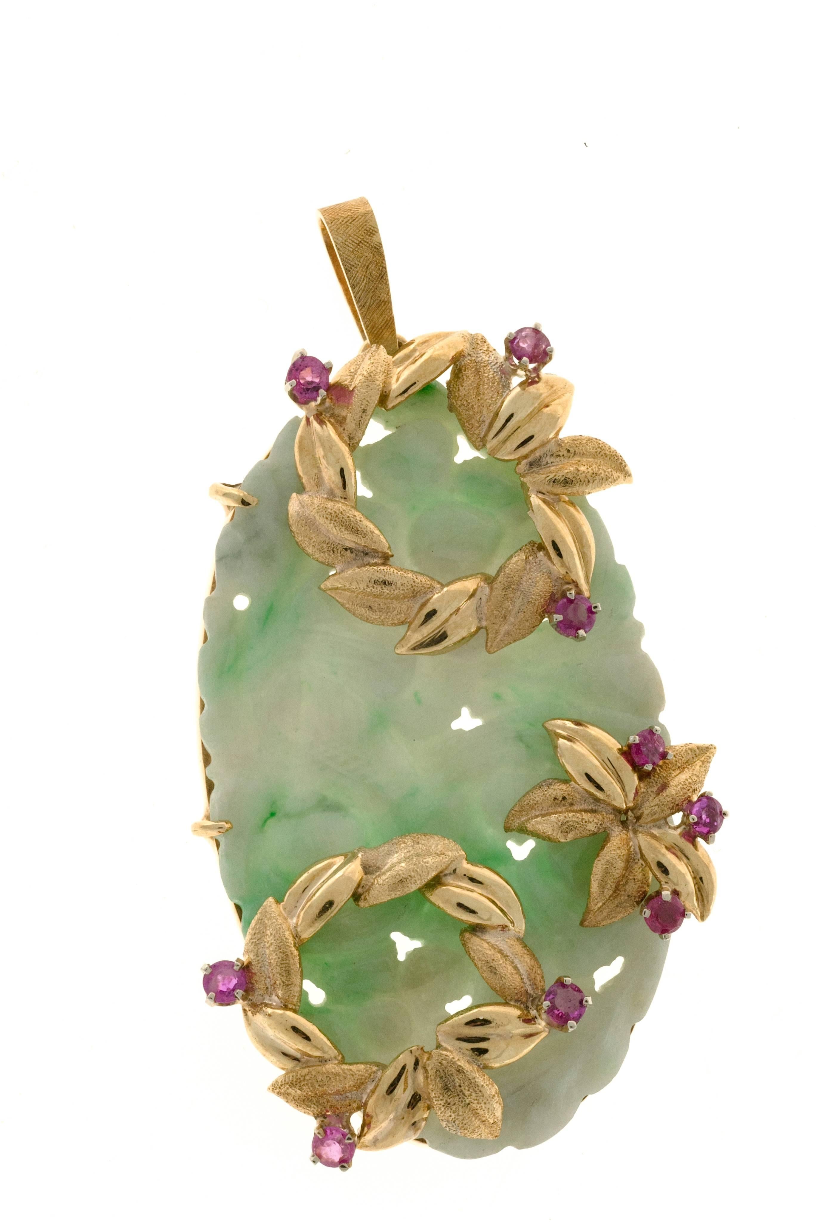 GIA Certified Jadeite Jade Ruby Hand Carved Floral Gold Pendant 3
