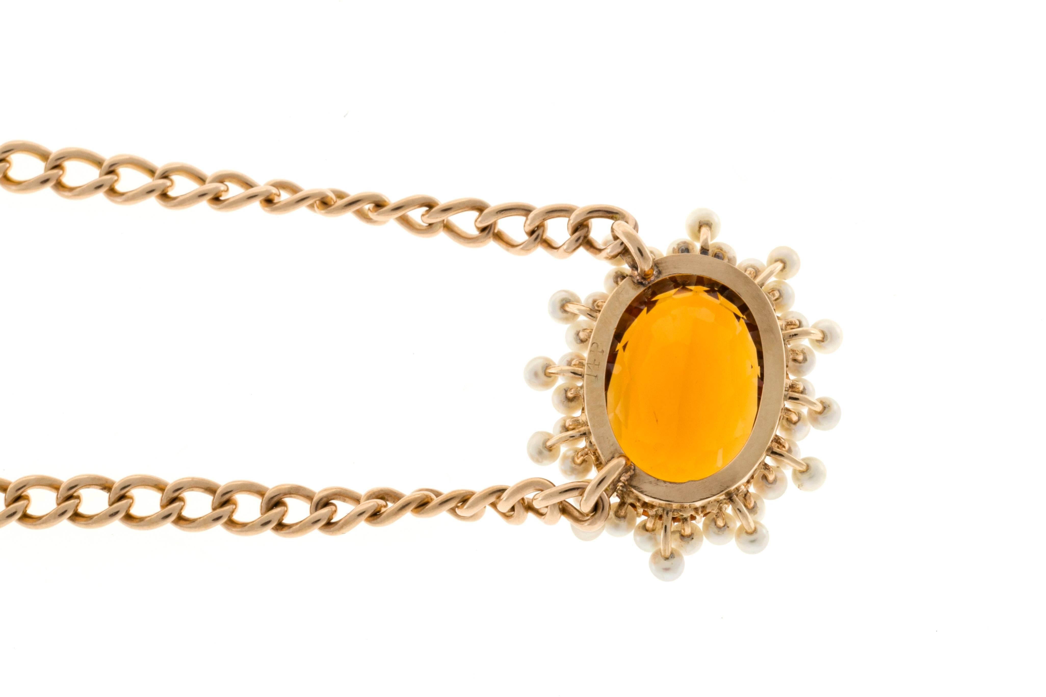 Citrine Pearl Gold Pendant Necklace  For Sale 2