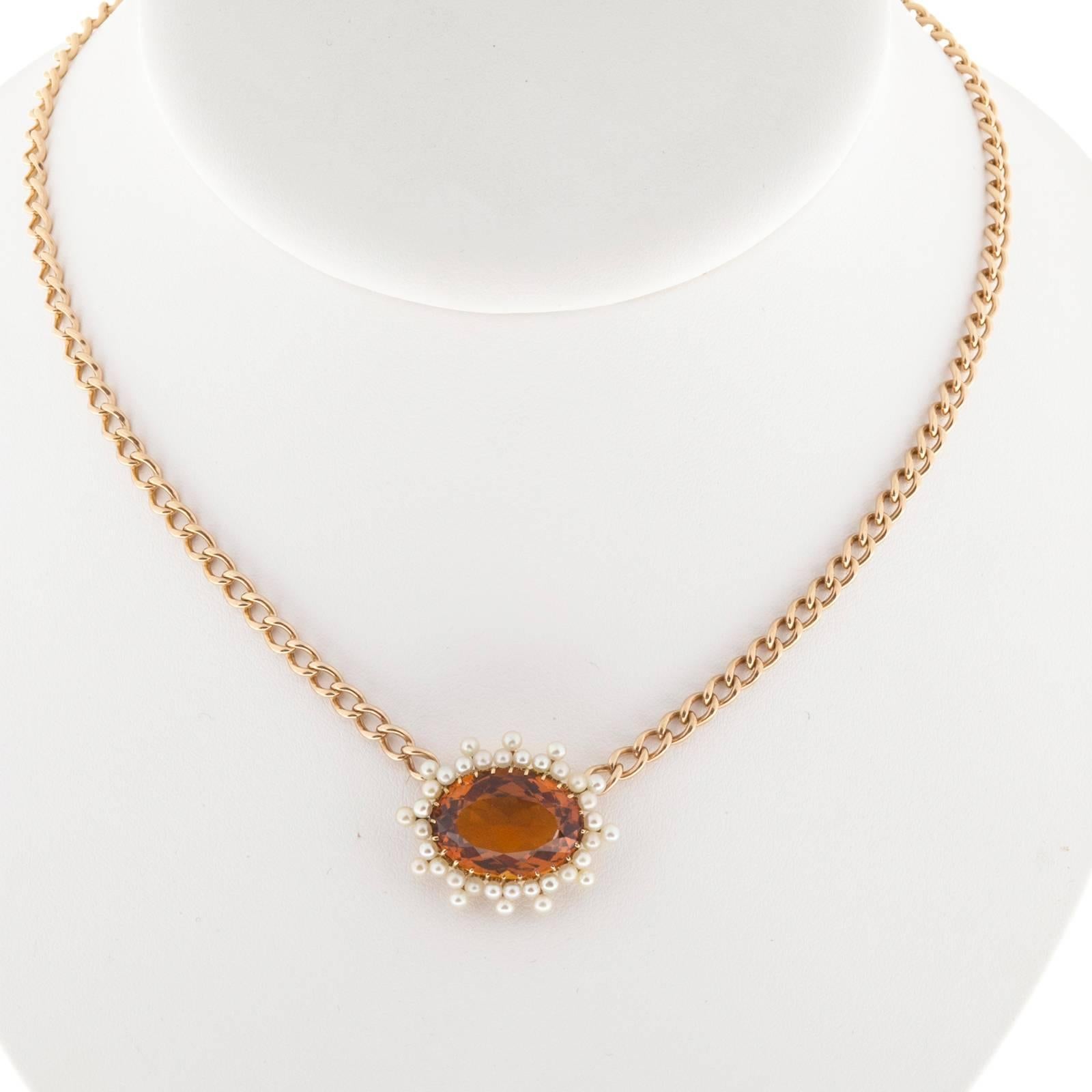 Women's Citrine Pearl Gold Pendant Necklace  For Sale