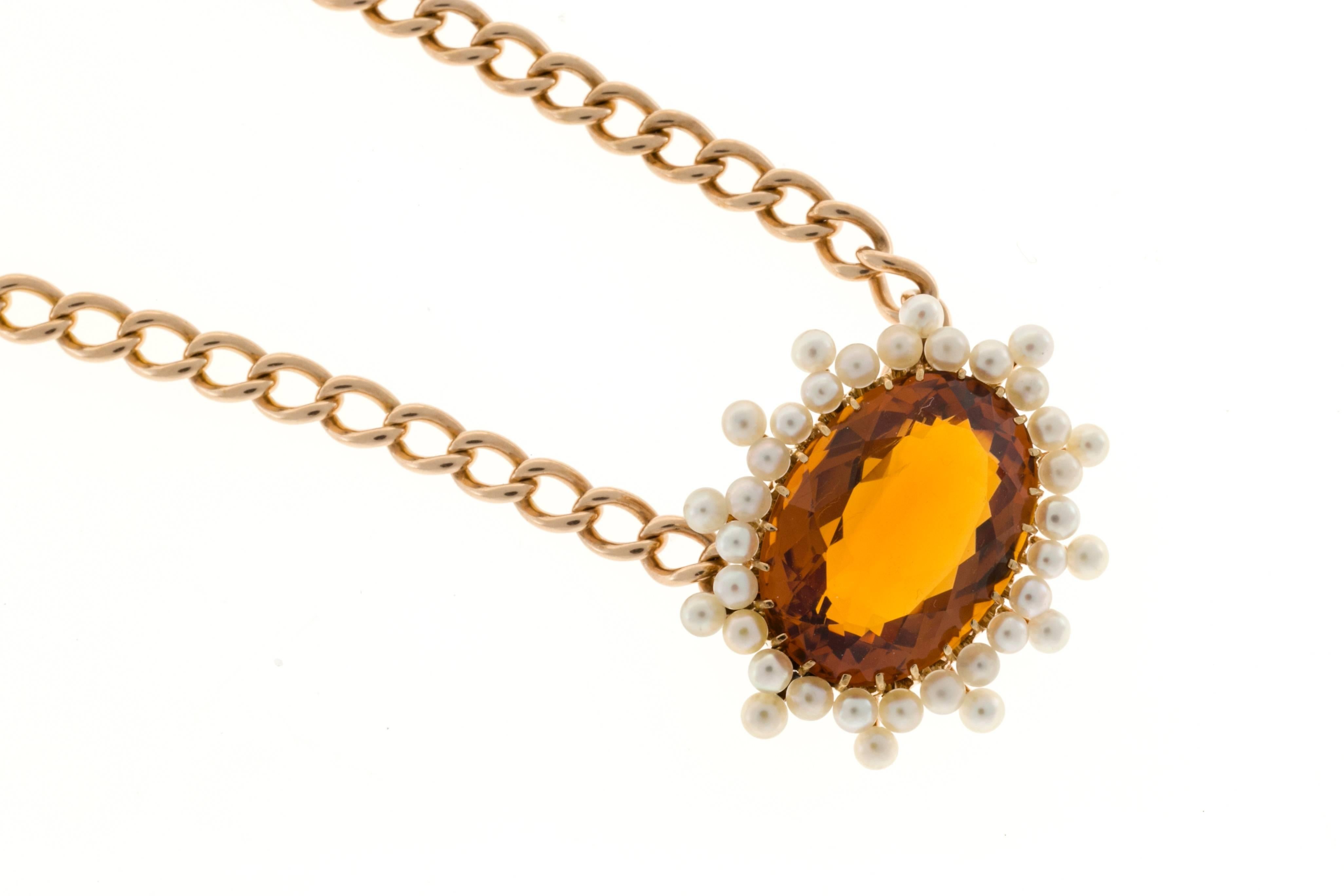 Handmade pink gold chain and wire pendant with fine pearls and incredible natural untreated orangey yellow Citrine. Circa 1900.

Oval genuine orangey Citrine Madera, approx. total weight 11.00cts, 18 x 13.5mm, natural color
38 2.2 to 2.5mm fine