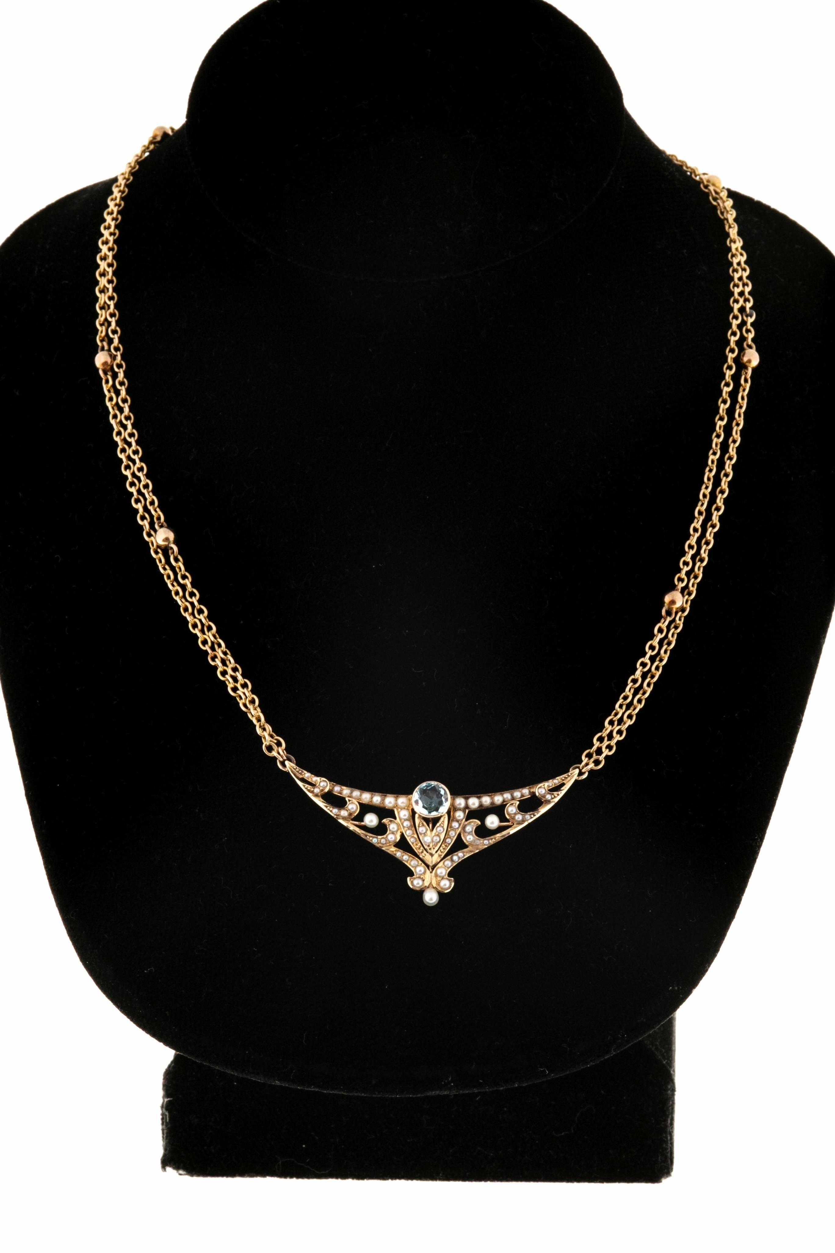 Aquamarine Pearl Gold double chain Pendant Necklace 2