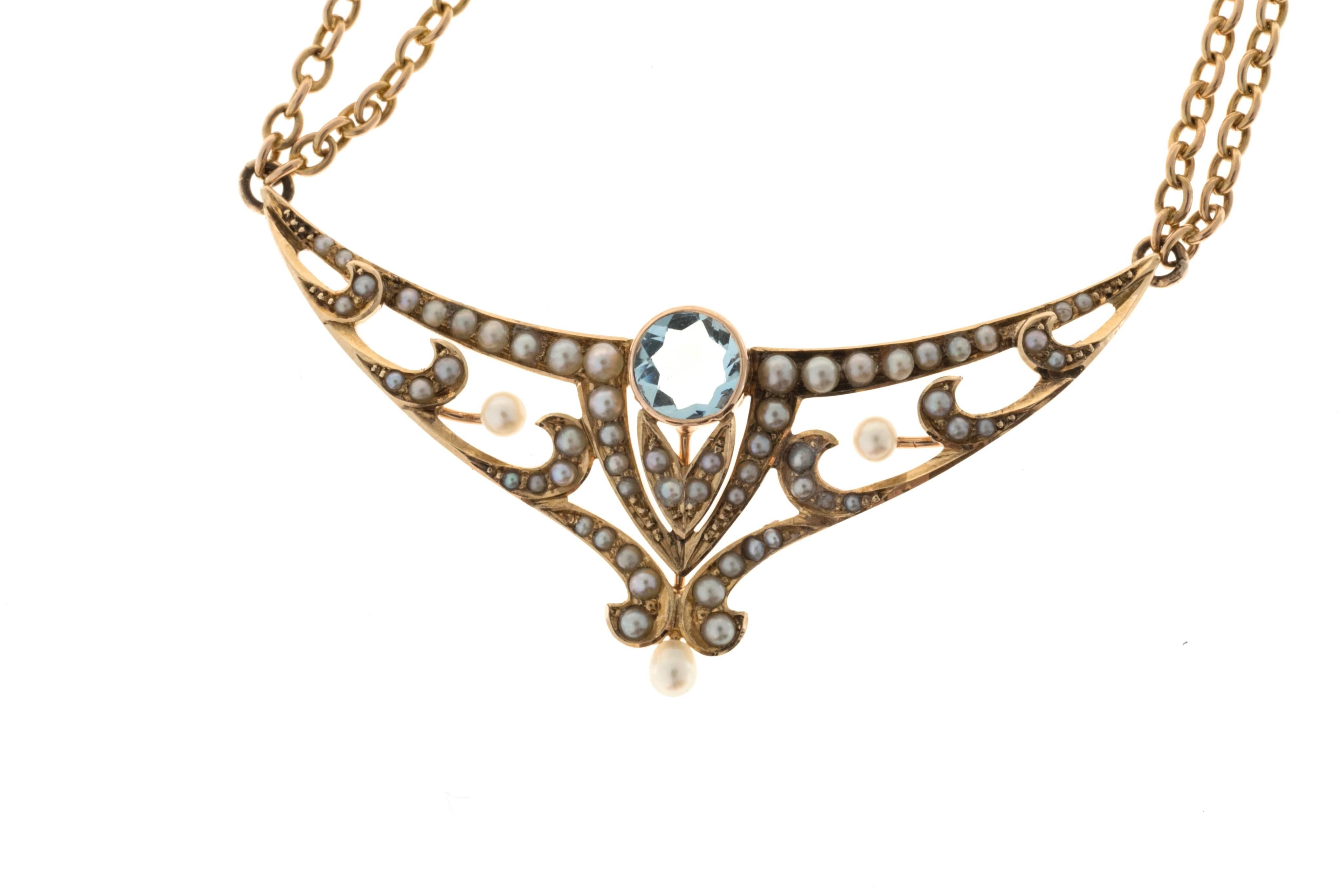 Women's Aquamarine Pearl Gold double chain Pendant Necklace