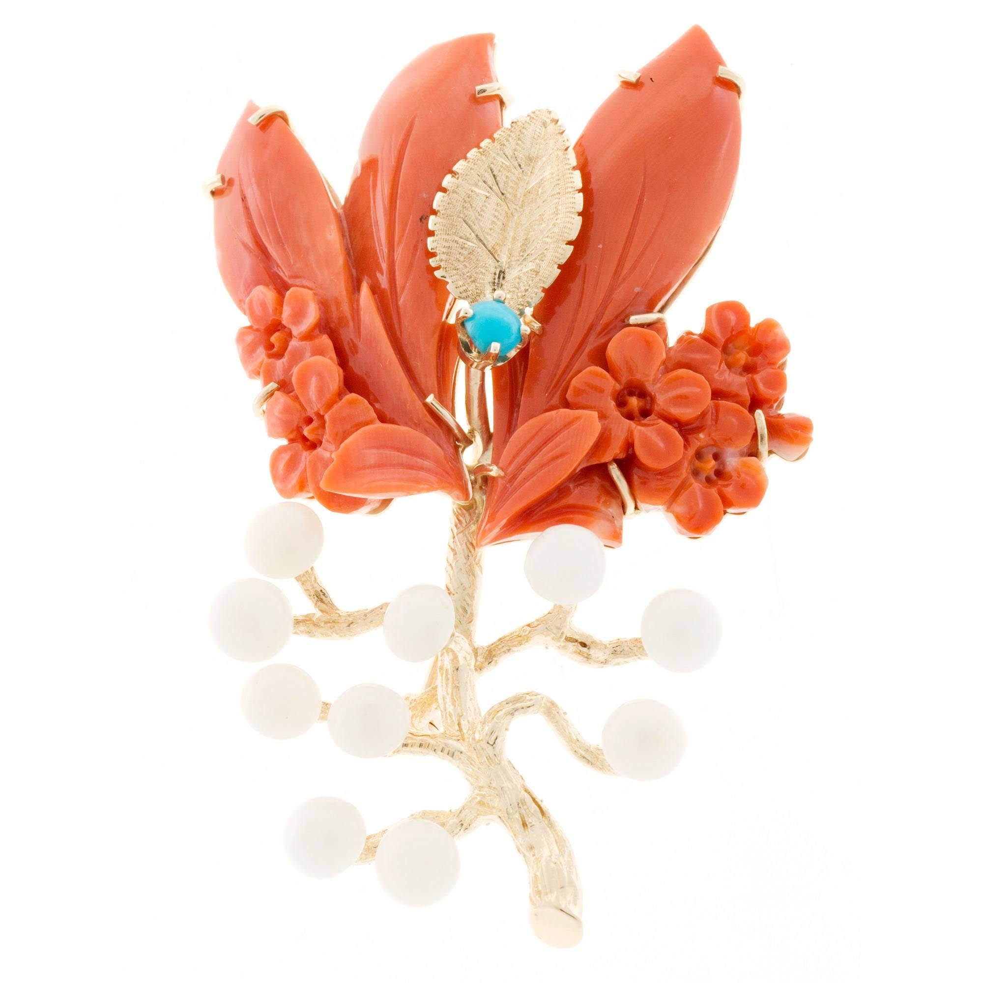 Cellino Orange White Coral Turquoise Gold Flower Pin 1