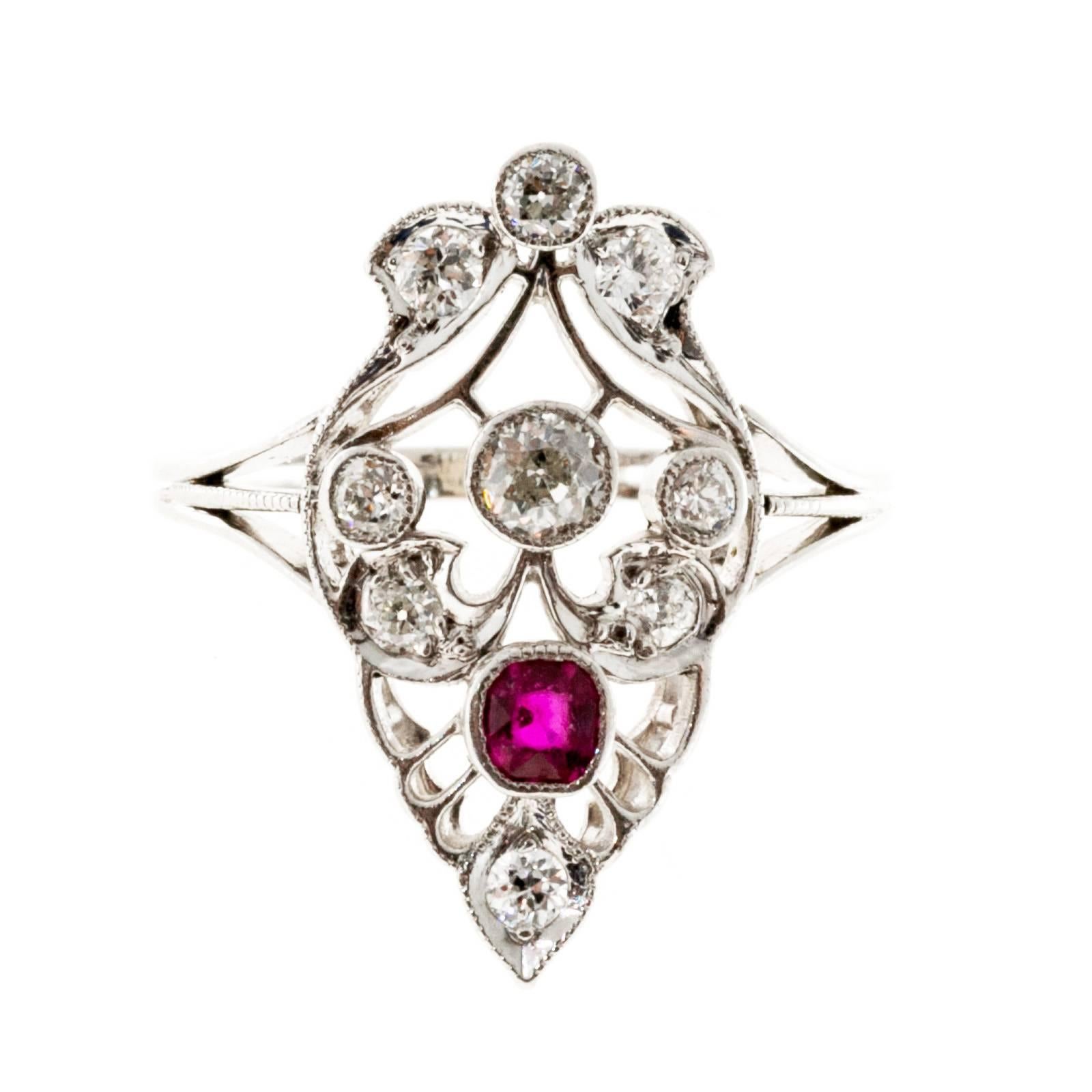 Cushion Ruby Diamond Platinum Ring 1