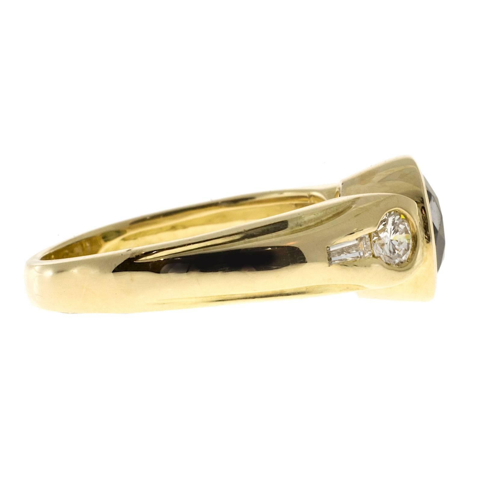 Baguette Cut Natural Round Green Zircon Diamond Gold Ring
