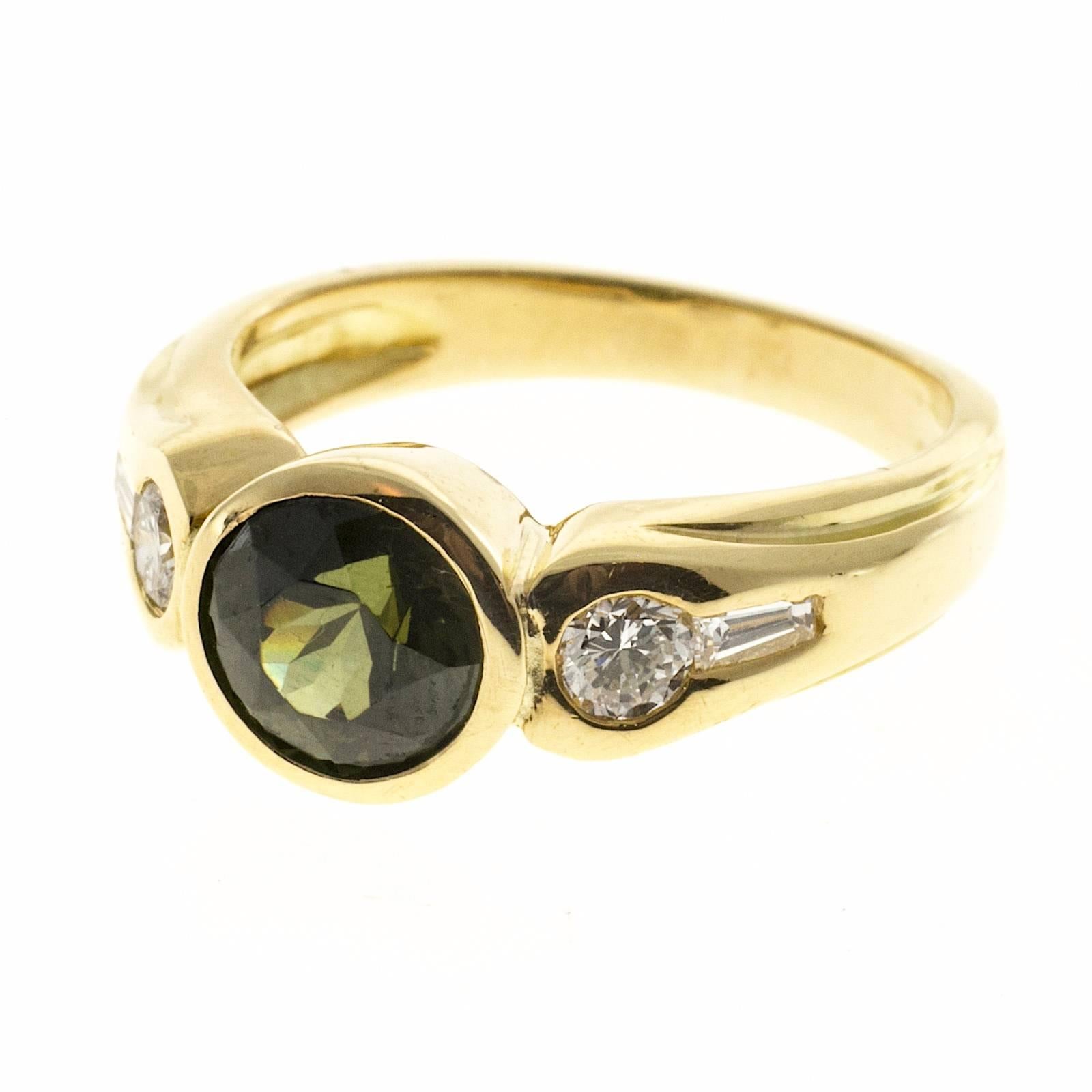 Natural Round Green Zircon Diamond Gold Ring 2