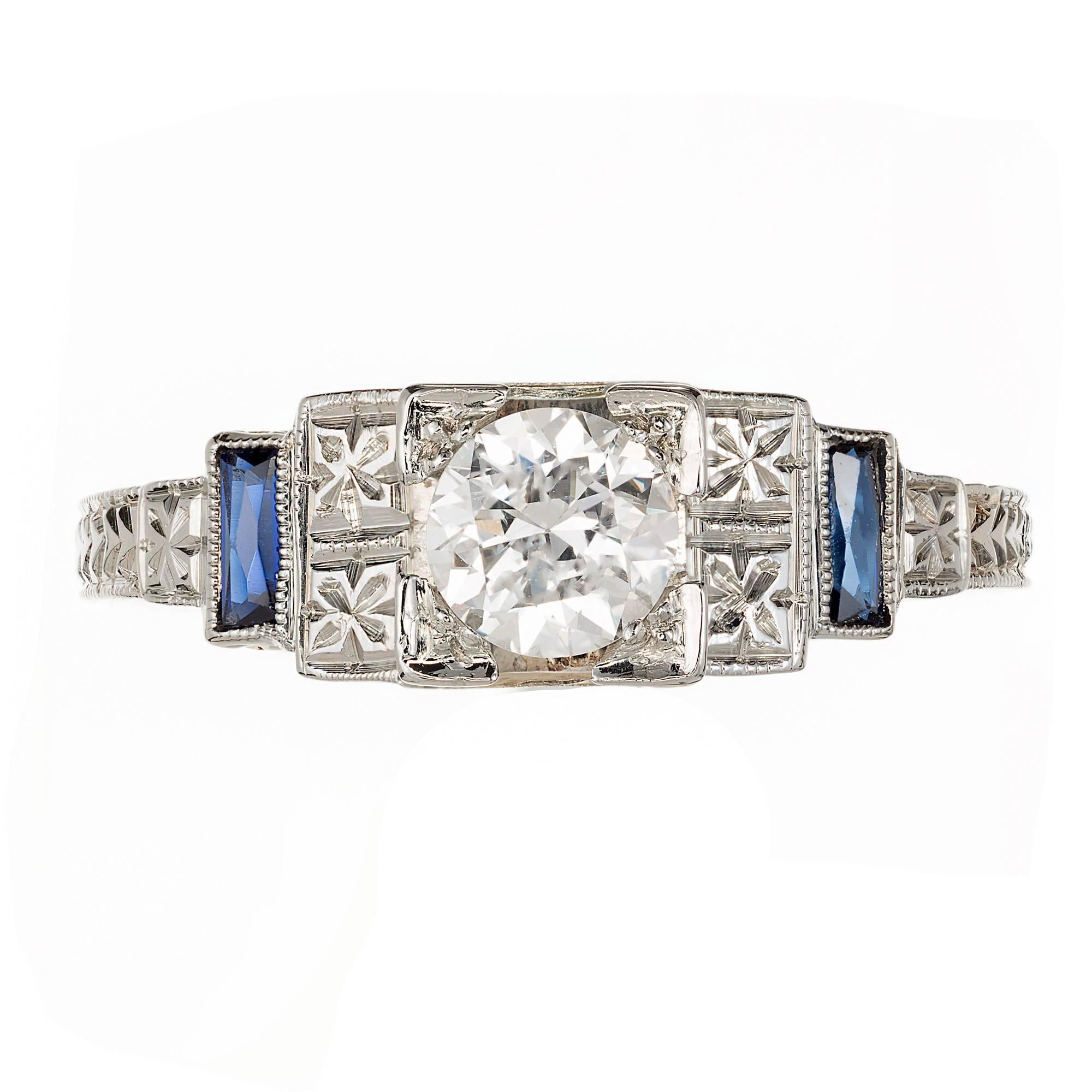 Round Cut Art Deco Diamond Baguette Sapphire Gold Engagement Ring