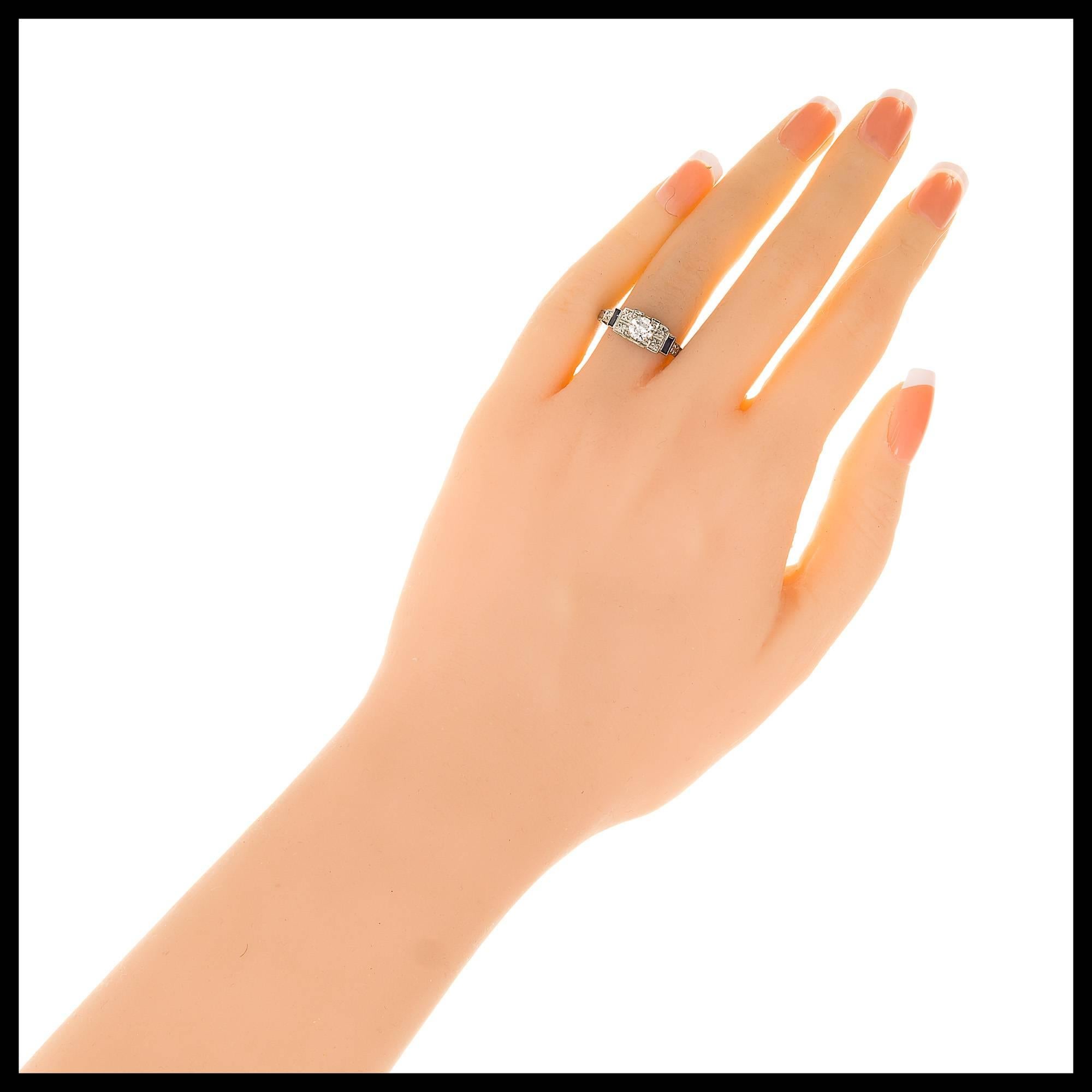 Women's Art Deco Diamond Baguette Sapphire Gold Engagement Ring