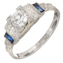 Art Deco Diamond Baguette Sapphire Gold Engagement Ring