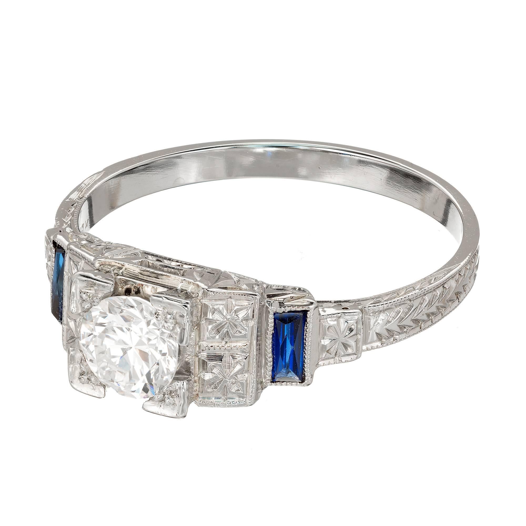 Art Deco Diamond Baguette Sapphire Gold Engagement Ring 4