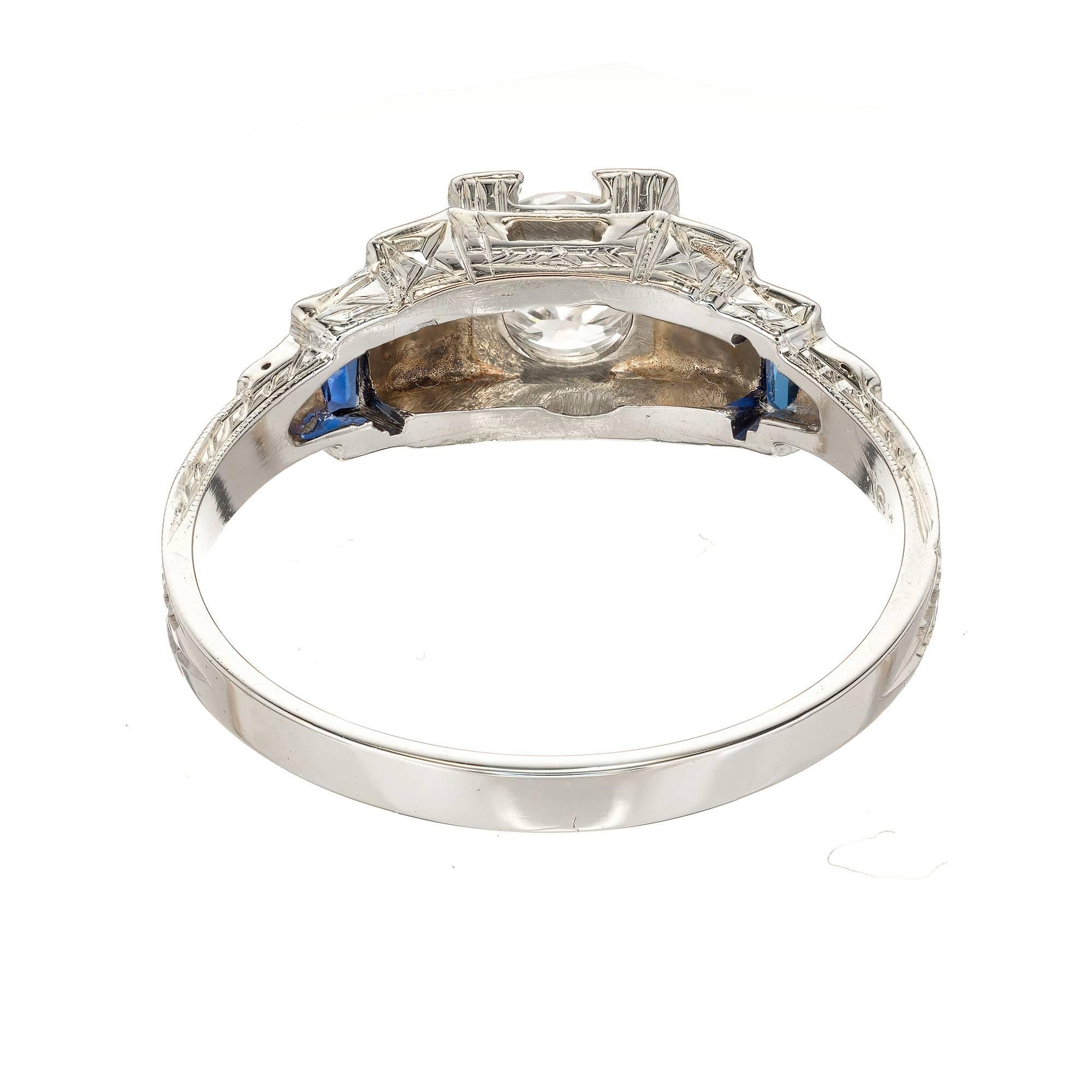 Art Deco Diamond Baguette Sapphire Gold Engagement Ring 1
