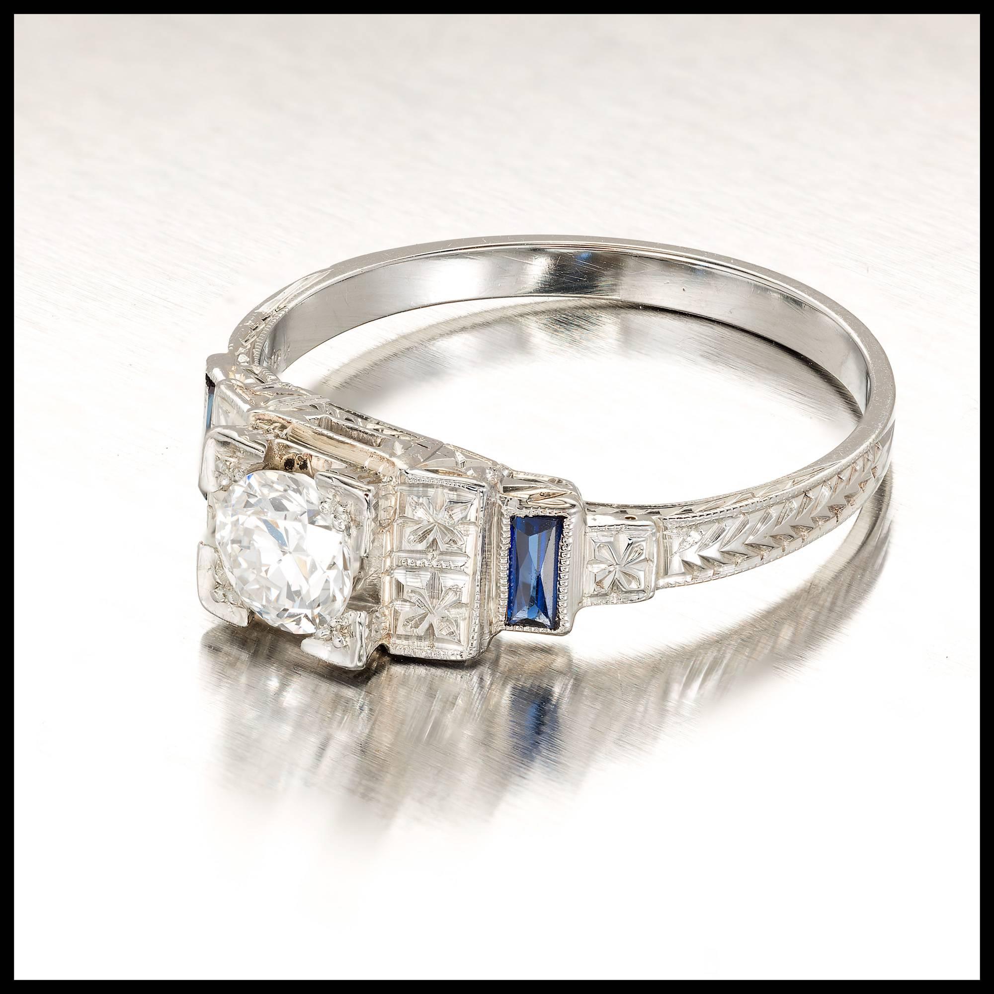 Art Deco Diamond Baguette Sapphire Gold Engagement Ring In Good Condition In Stamford, CT