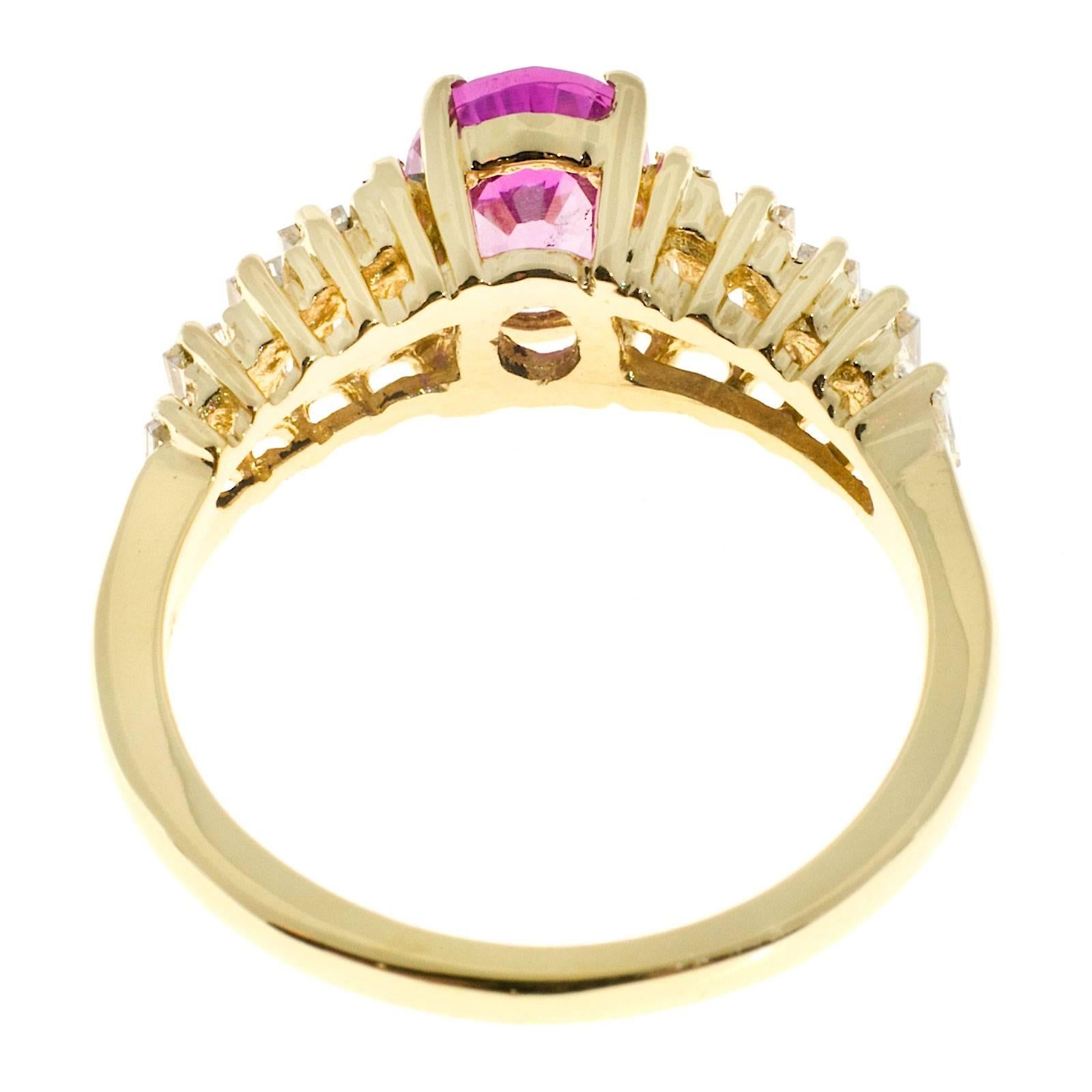 Pink Oval Sapphire Graduated Diamond Gold Engagement Ring For Sale 1