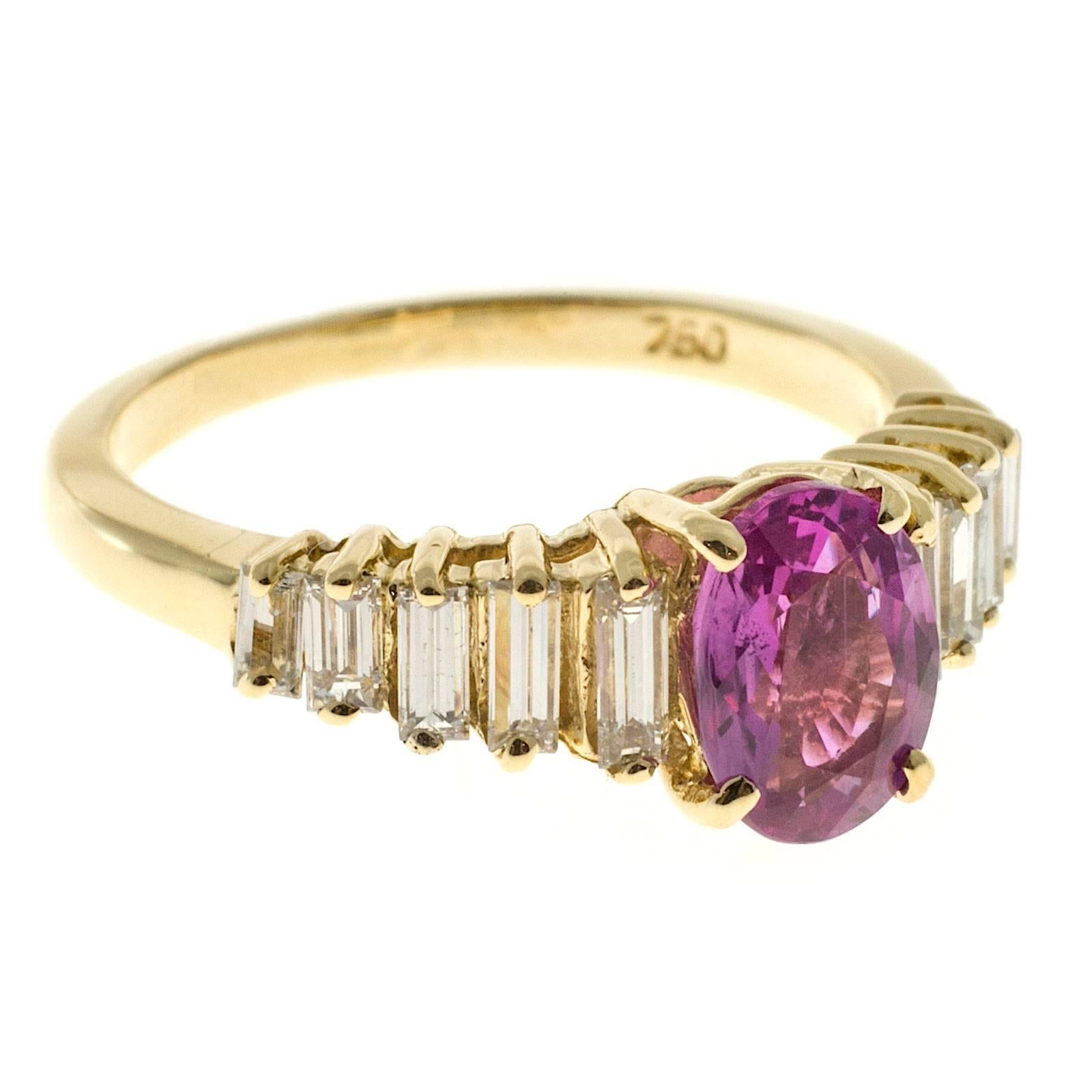 Baguette Cut Pink Oval Sapphire Graduated Diamond Gold Engagement Ring For Sale