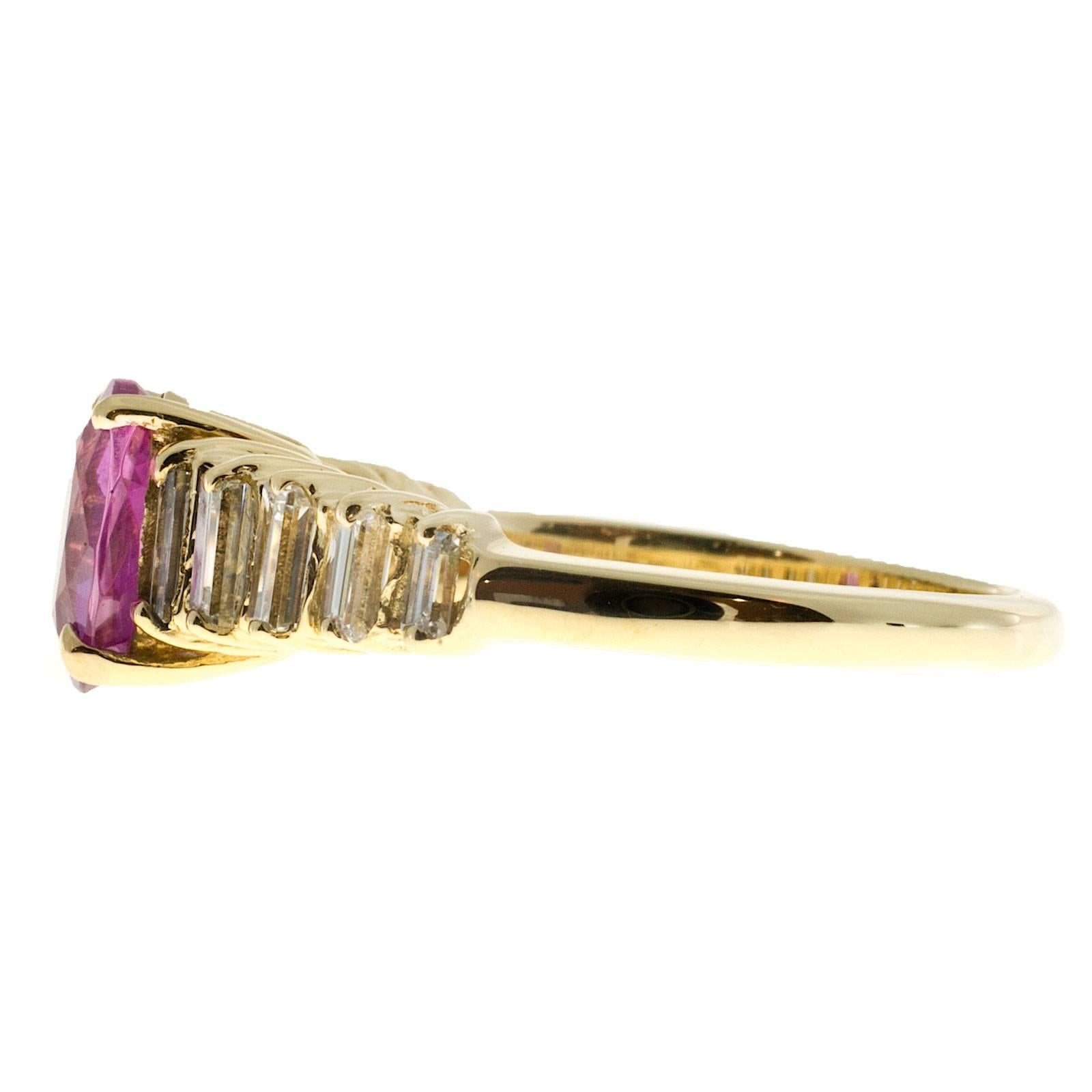 Pink Oval Sapphire Graduated Diamond Gold Engagement Ring In Good Condition For Sale In Stamford, CT