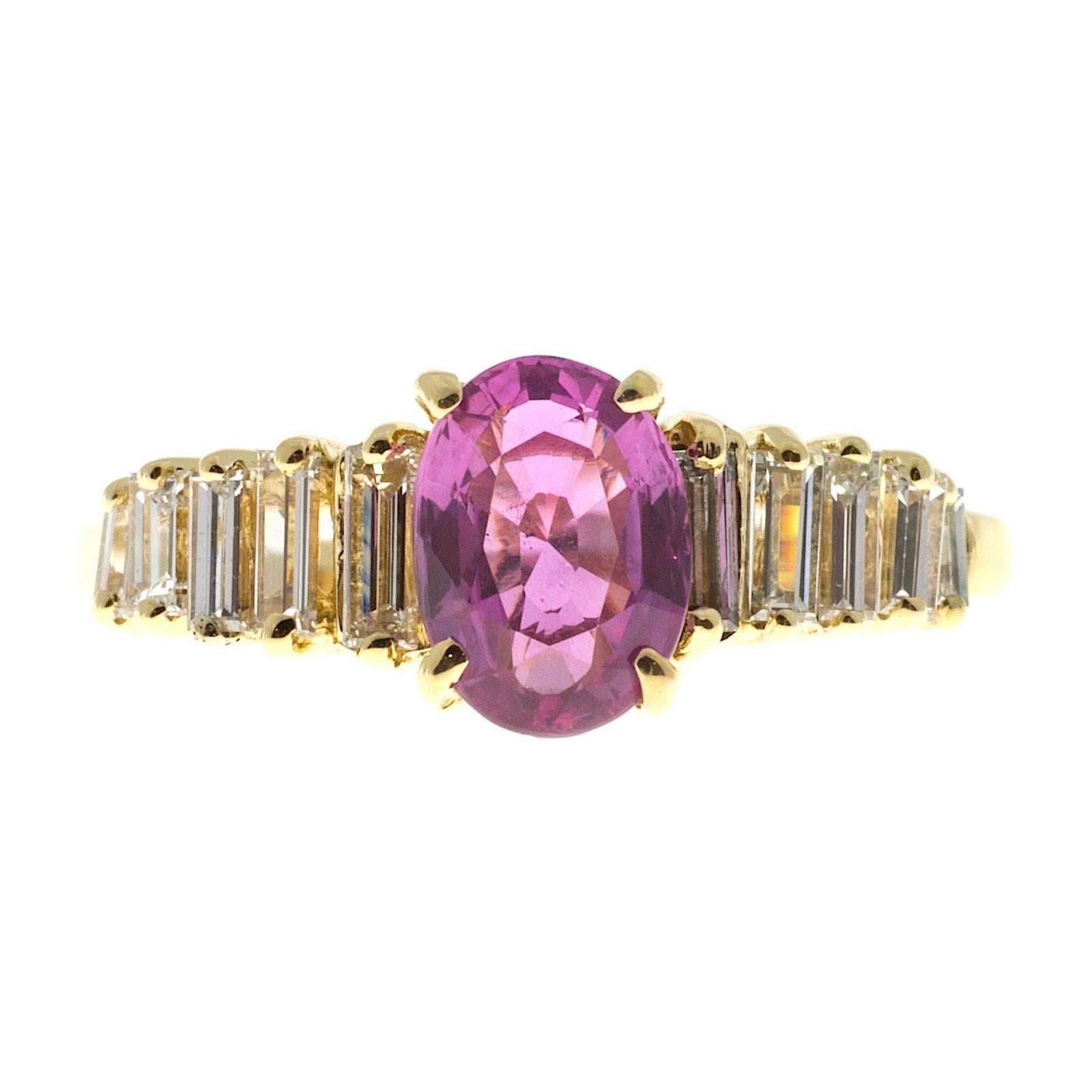 Pink Oval Sapphire Graduated Diamond Gold Engagement Ring For Sale
