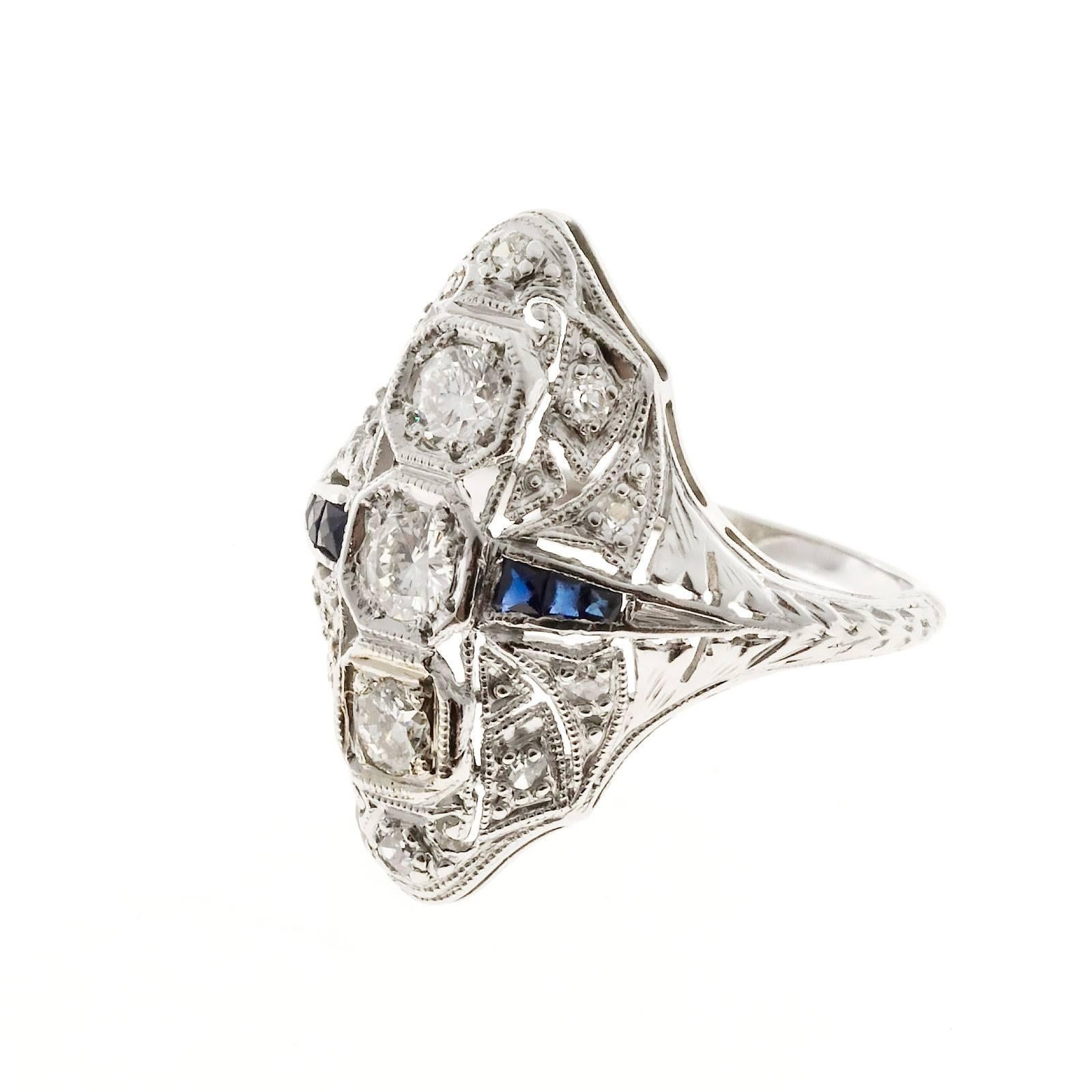 Women's Sapphire Diamond Pierced Bead Set Platinum Ring