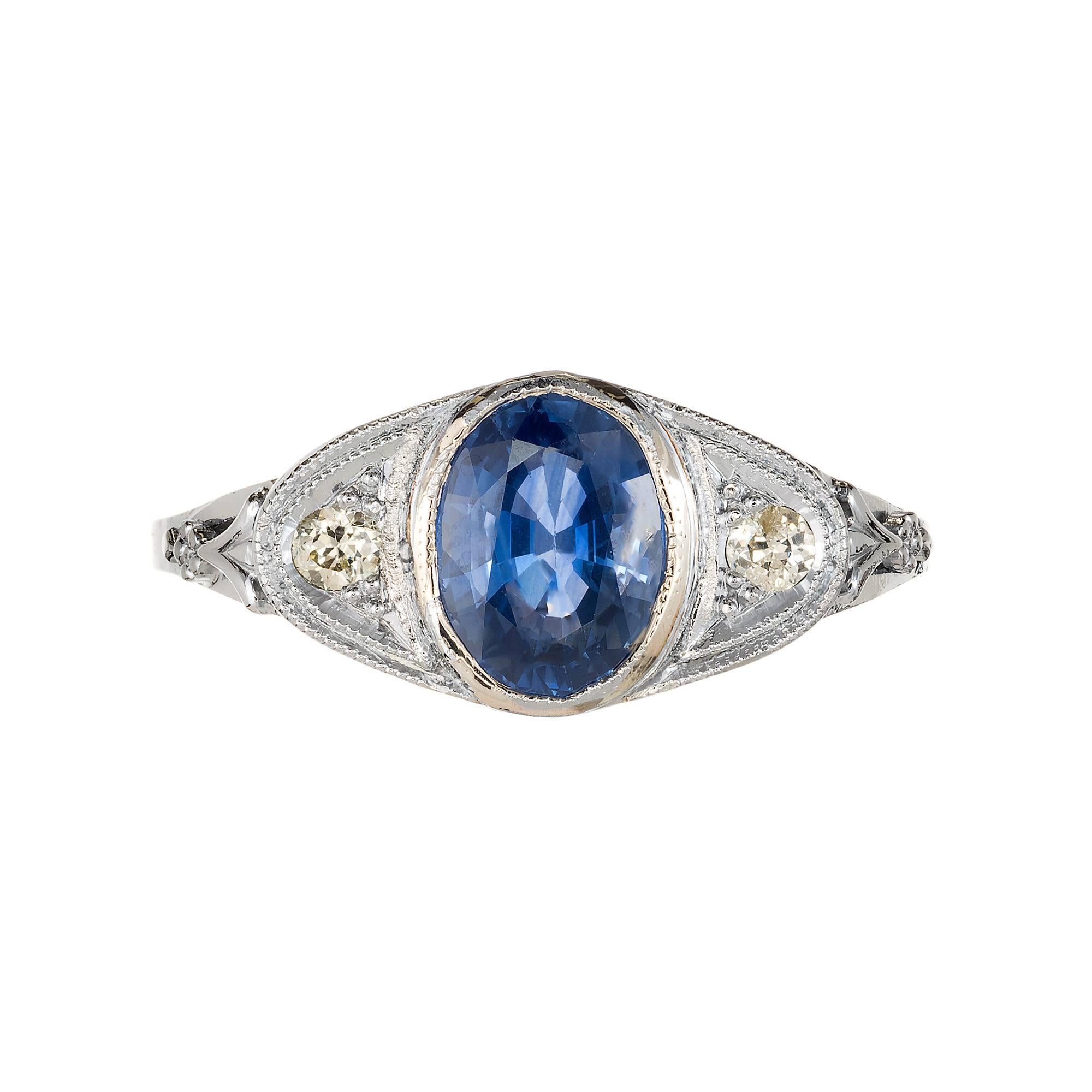 Old European Cut 1.50 Carat Oval Sapphire Diamond Hand Engraved Filigree Gold Engagement Ring