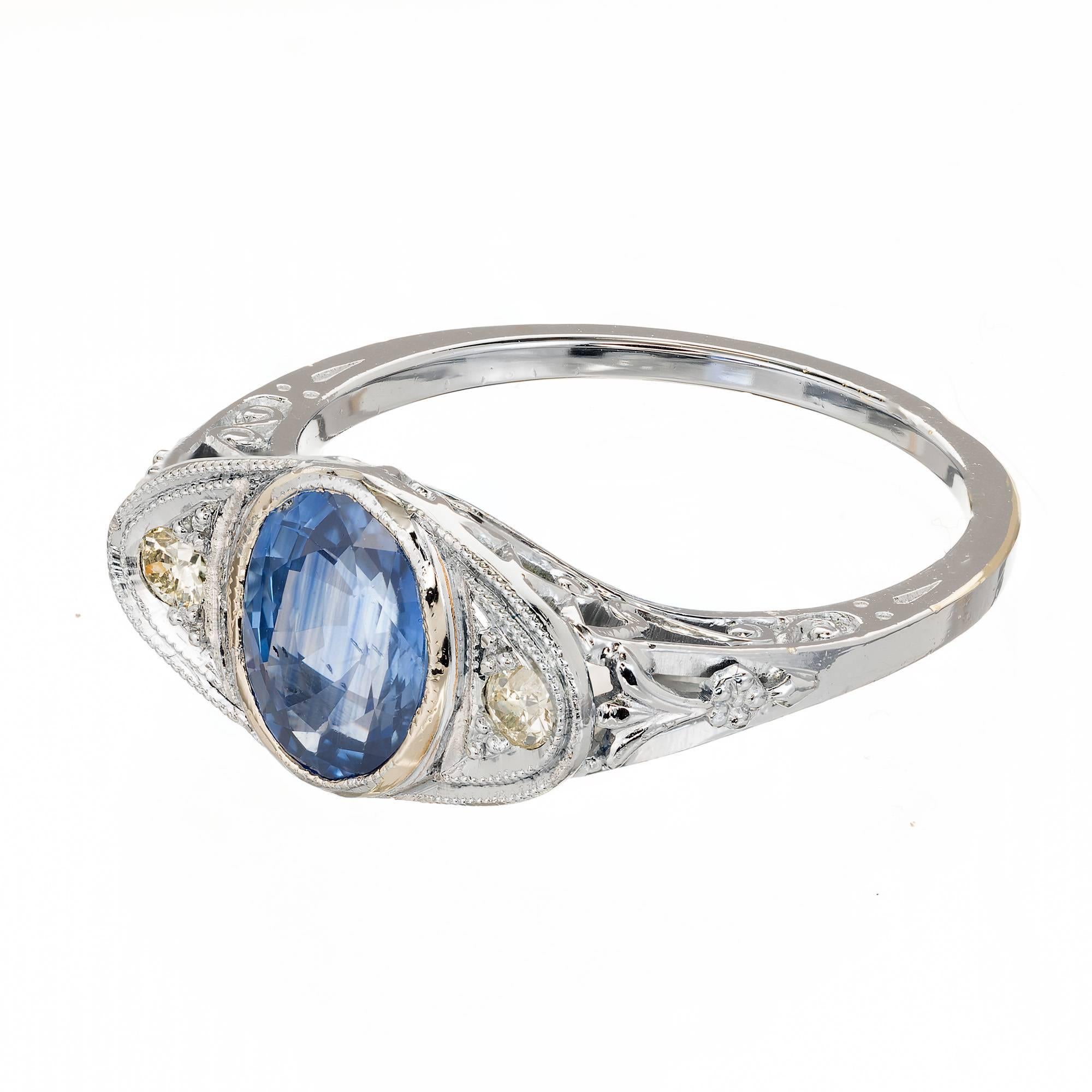 1.50 Carat Oval Sapphire Diamond Hand Engraved Filigree Gold Engagement Ring 1