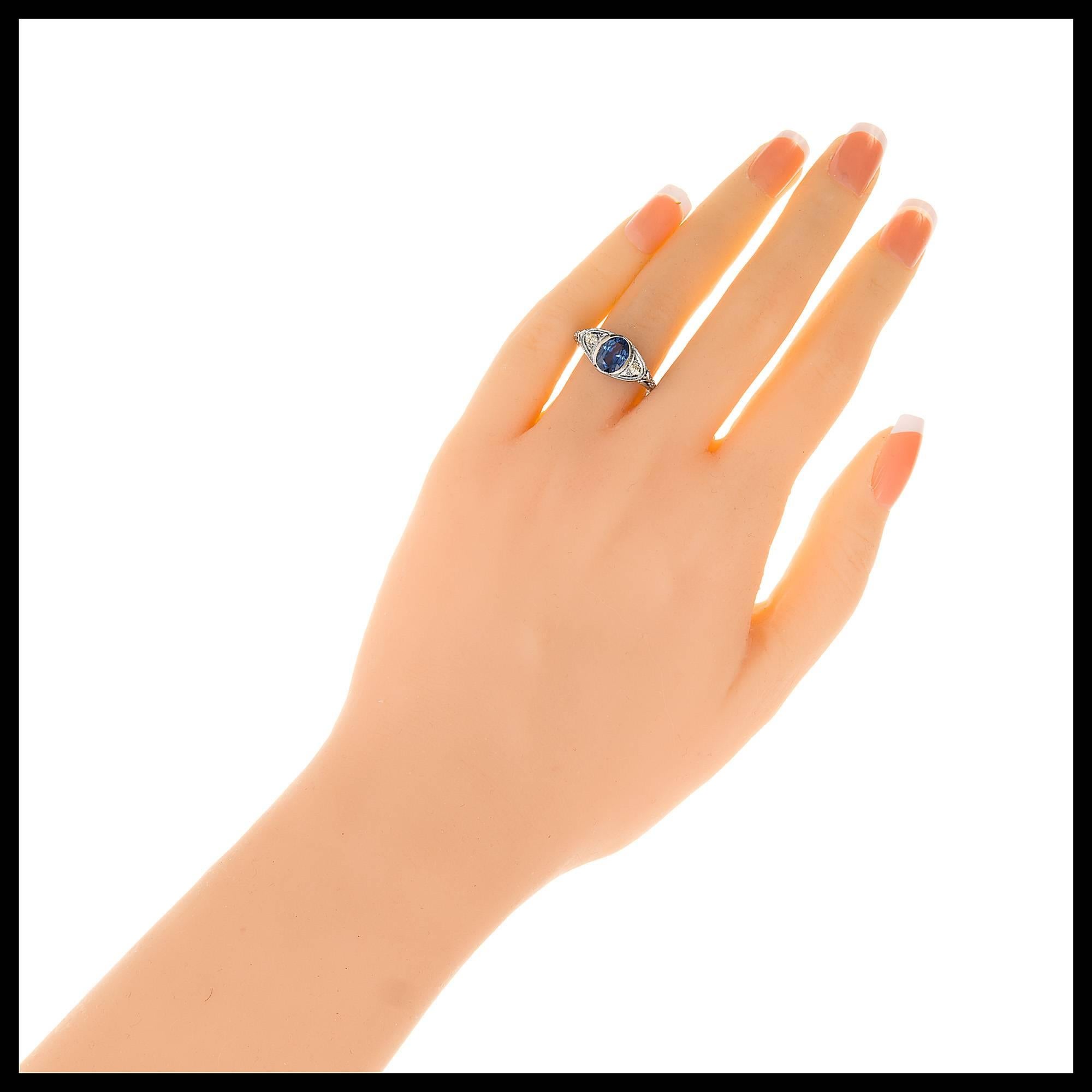 Women's 1.50 Carat Oval Sapphire Diamond Hand Engraved Filigree Gold Engagement Ring