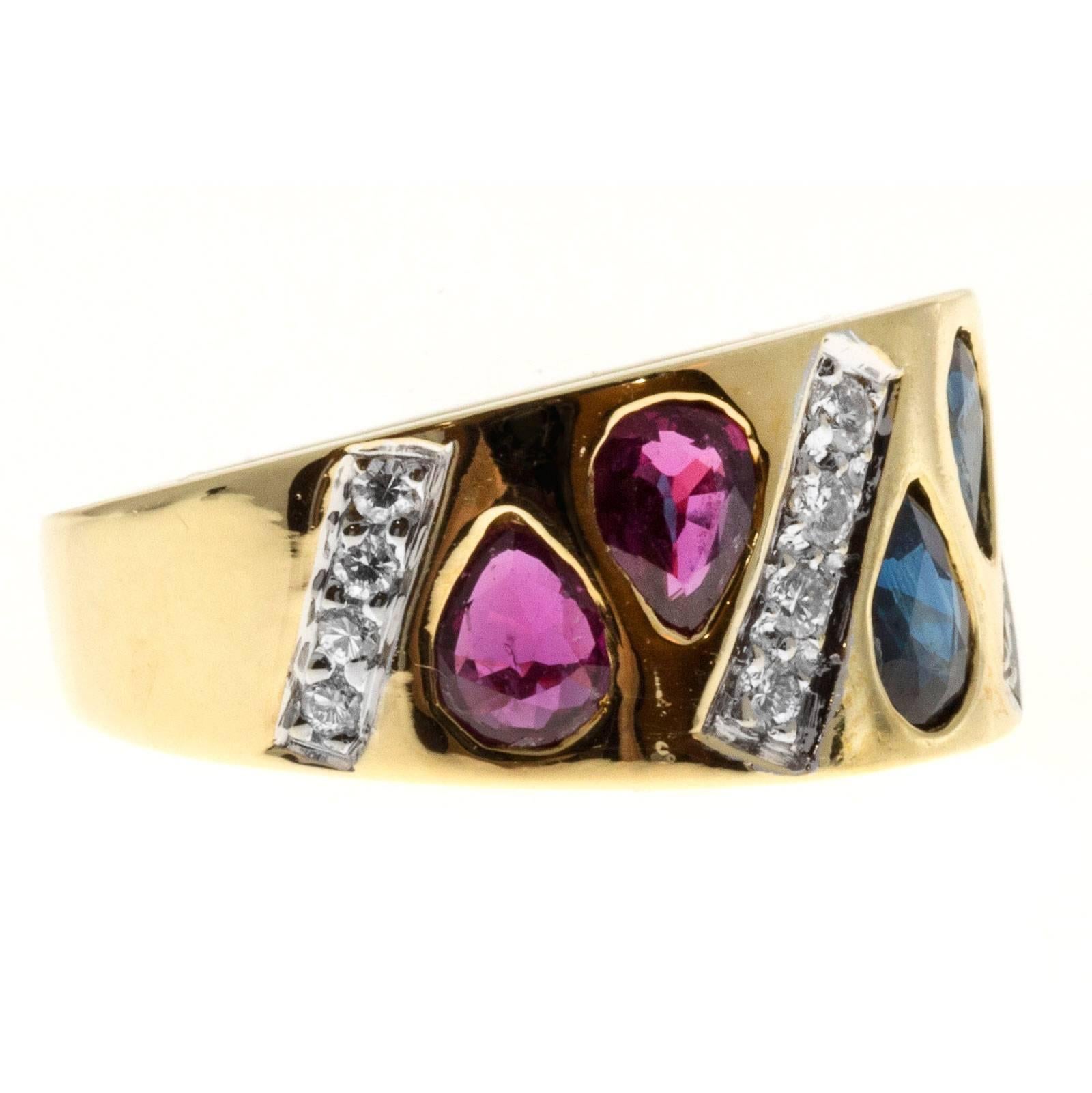 Women's Pear Emerald Ruby Sapphire Diamond Gold Diamond Band Ring