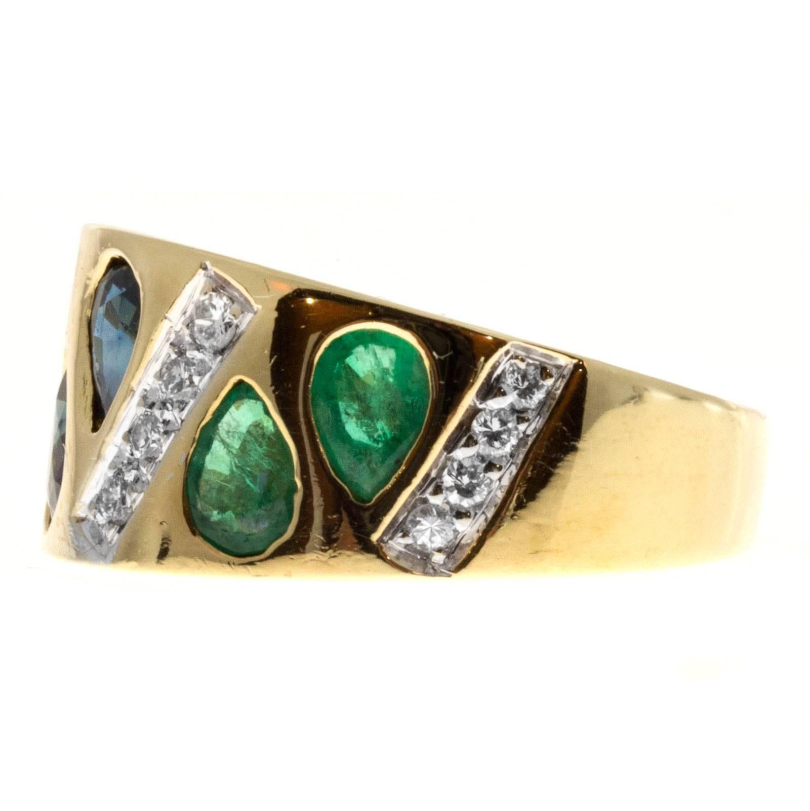 Pear Emerald Ruby Sapphire Diamond Gold Diamond Band Ring 1