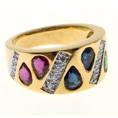Pear Emerald Ruby Sapphire Diamond Gold Diamond Band Ring
